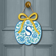 Blue Chinoiserie Pumpkin Door Hanger with Monogram - Fall Floral Wreath Sign - Personalized Autumn Porch Decor