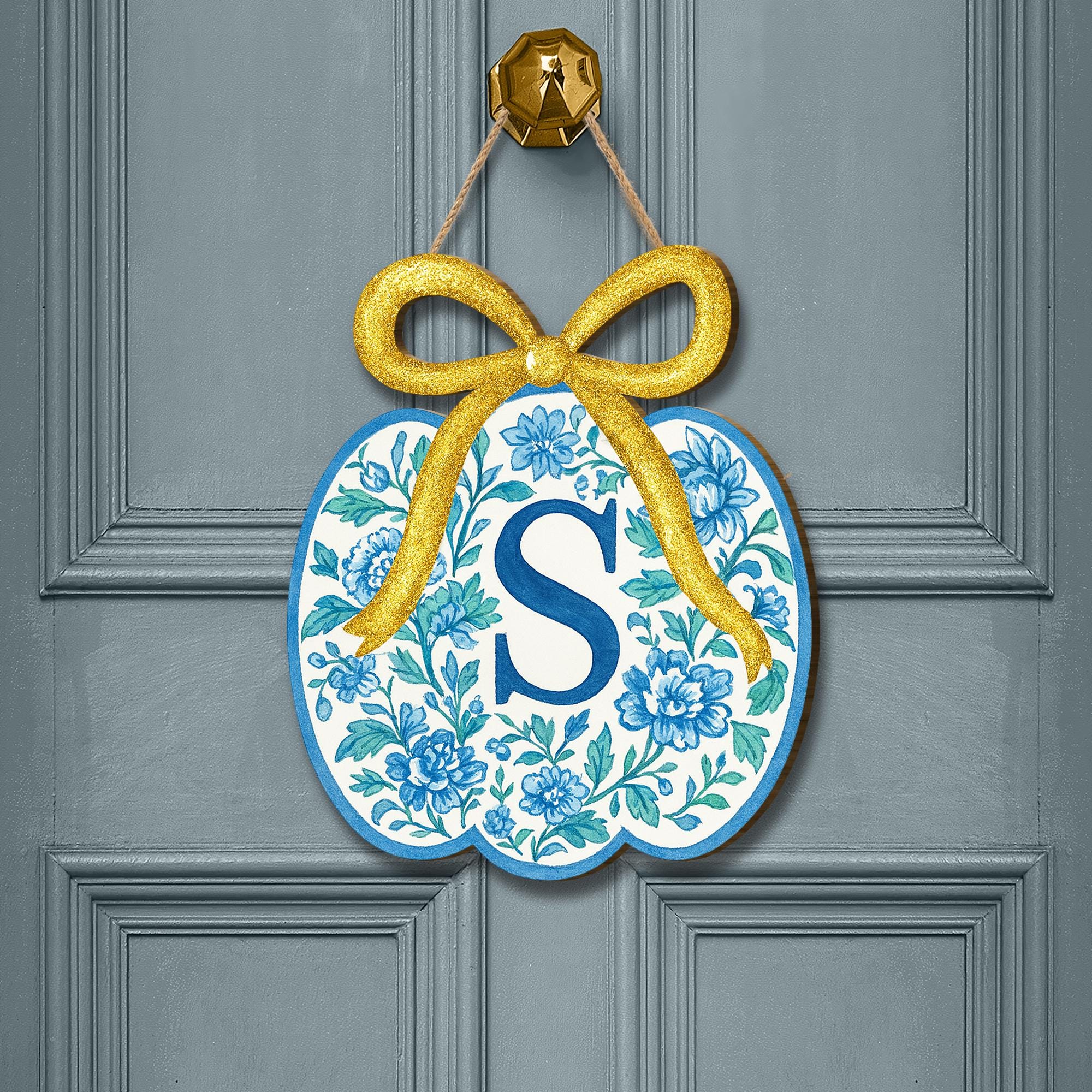 Blue Chinoiserie Pumpkin Door Hanger with Monogram - Fall Floral Wreath Sign - Personalized Autumn Porch Decor