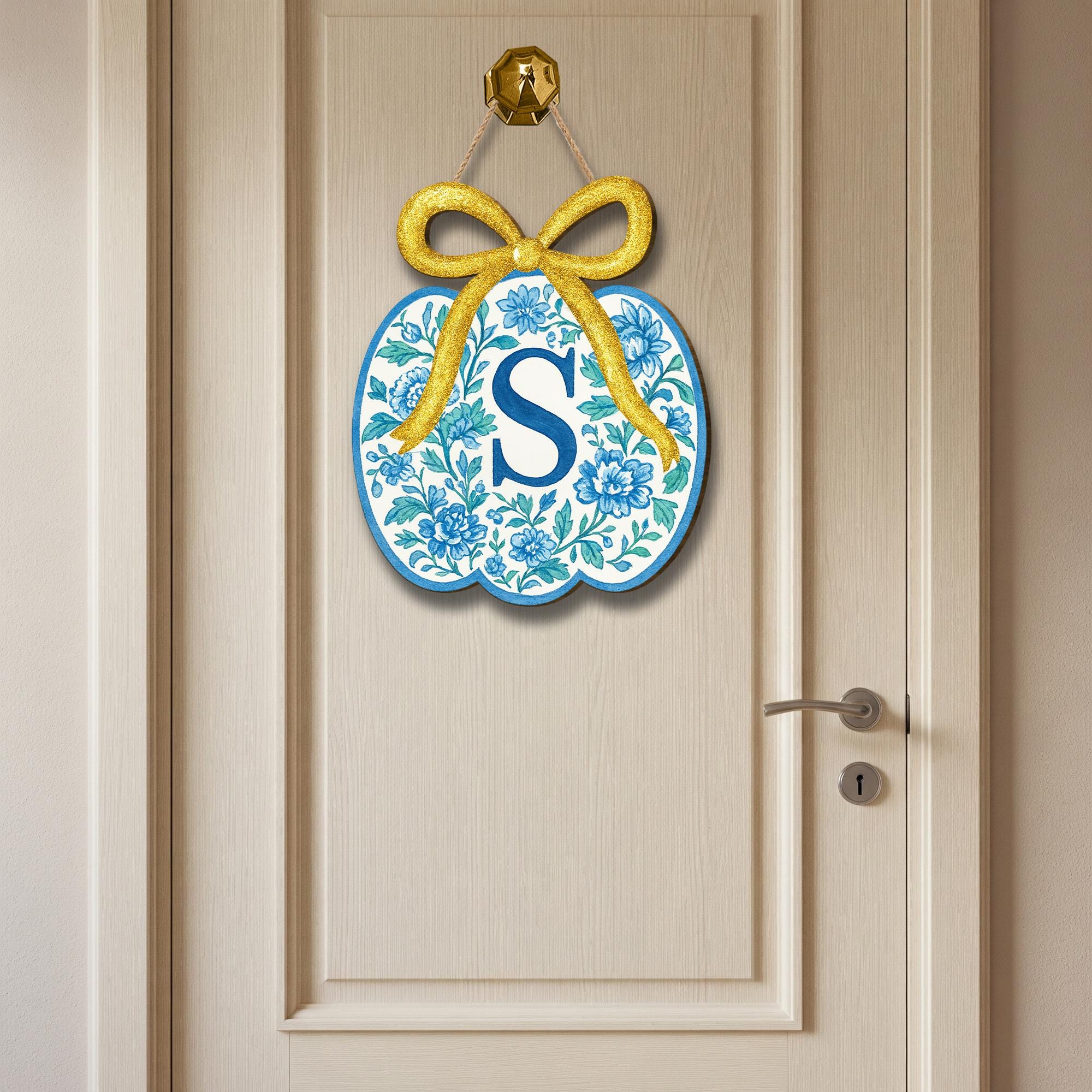 Blue Chinoiserie Pumpkin Door Hanger with Monogram - Fall Floral Wreath Sign - Personalized Autumn Porch Decor