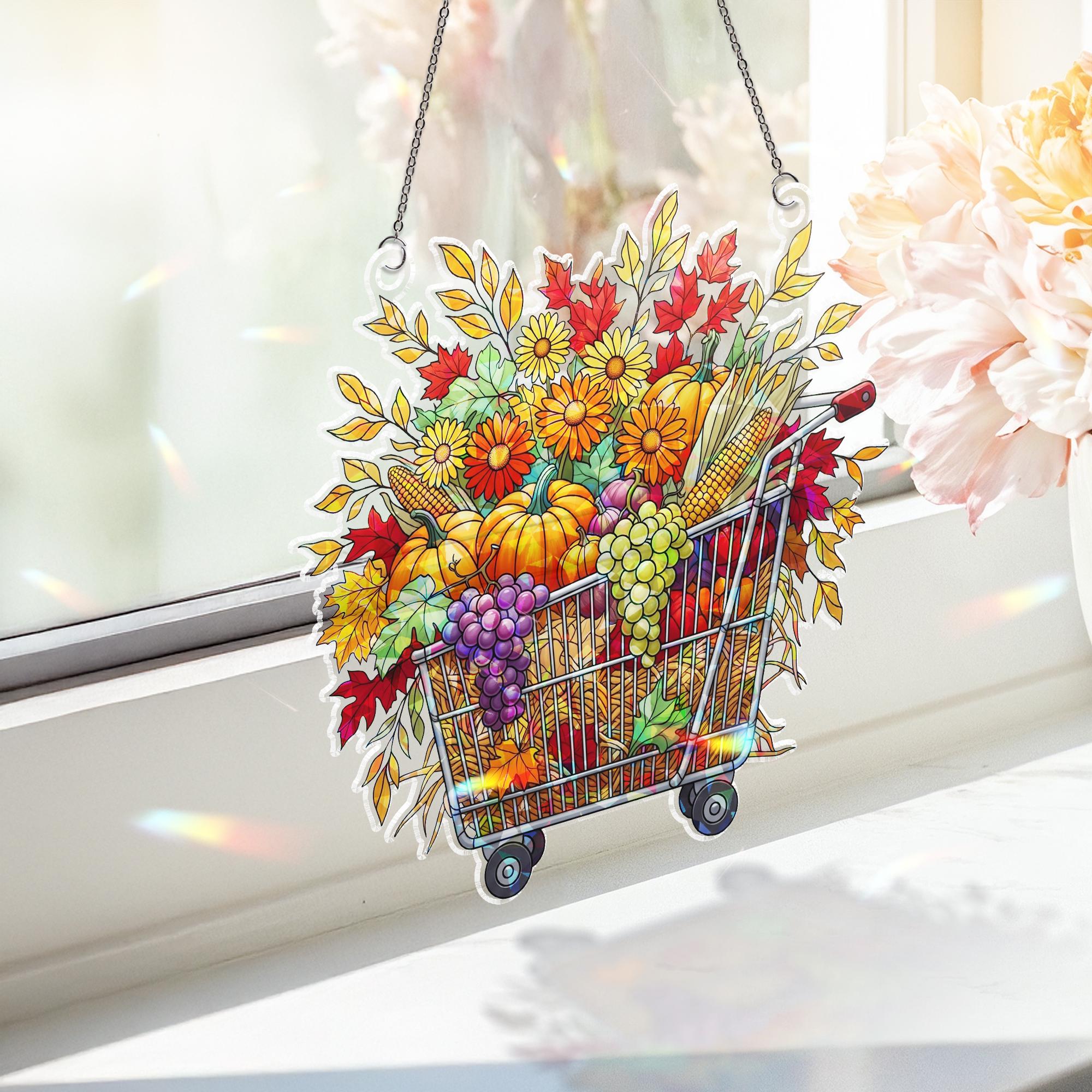 Fall Harvest Cart Window Hanging – Holographic Autumn Suncatcher with Pumpkins, Grapes & Flowers, Seasonal Thanksgiving Decor