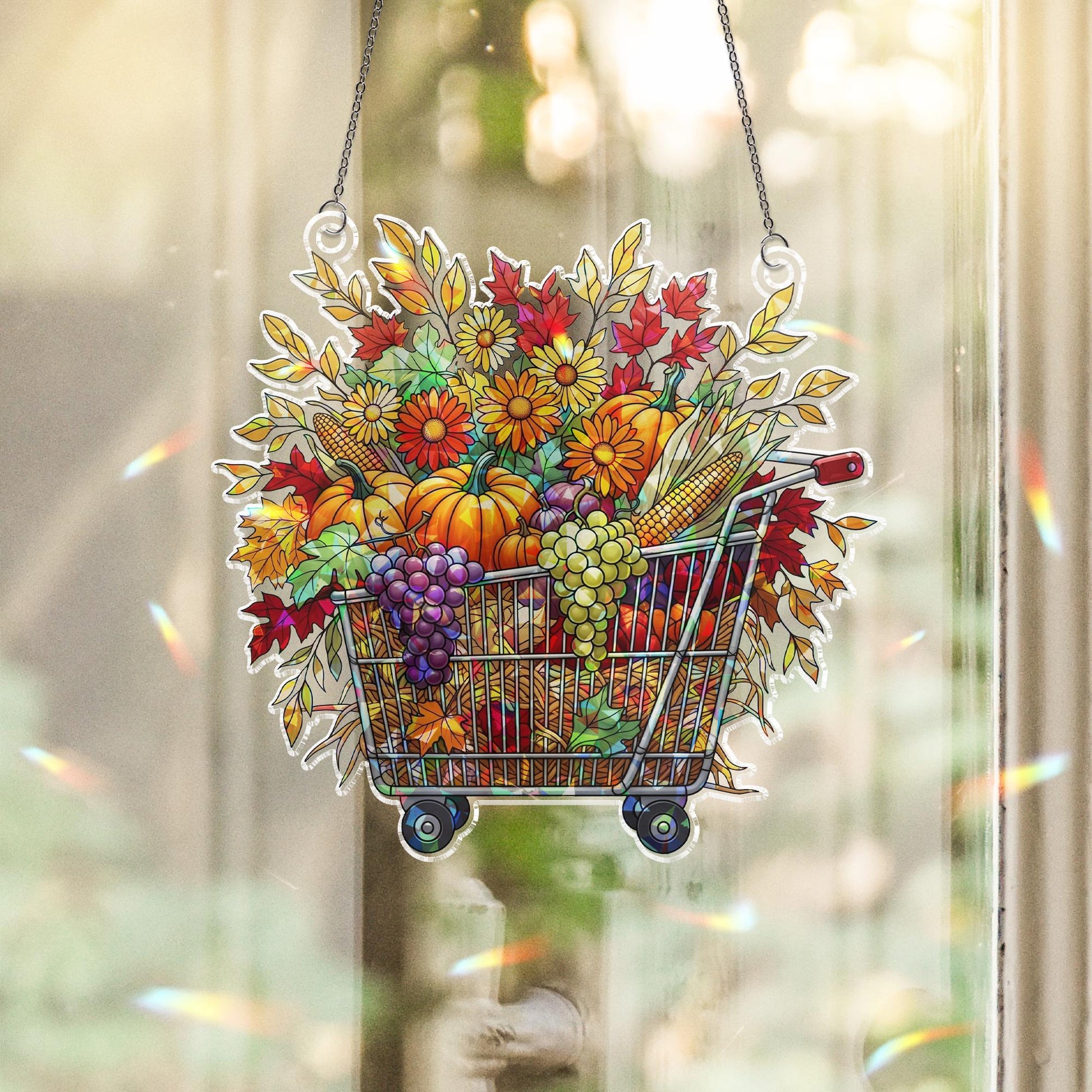 Fall Harvest Cart Window Hanging – Holographic Autumn Suncatcher with Pumpkins, Grapes & Flowers, Seasonal Thanksgiving Decor