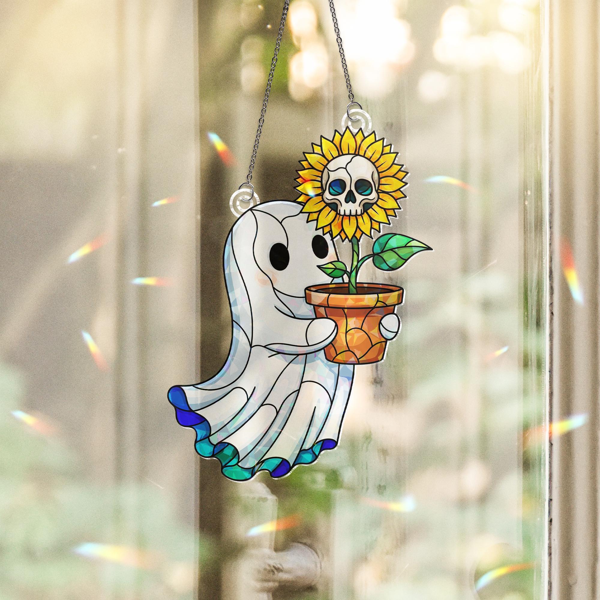 Cute Ghost & Skull Sunflower Window Hanging – Holographic Halloween Suncatcher, Spooky Ghost Decor for Fall, Sun Catcher Gift
