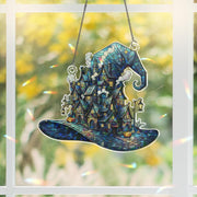 Haunted House Witch Hat Window Hanging – Holographic Halloween Suncatcher, Spooky Fall Decor, Witchy Home Gift, Gothic Wall Art