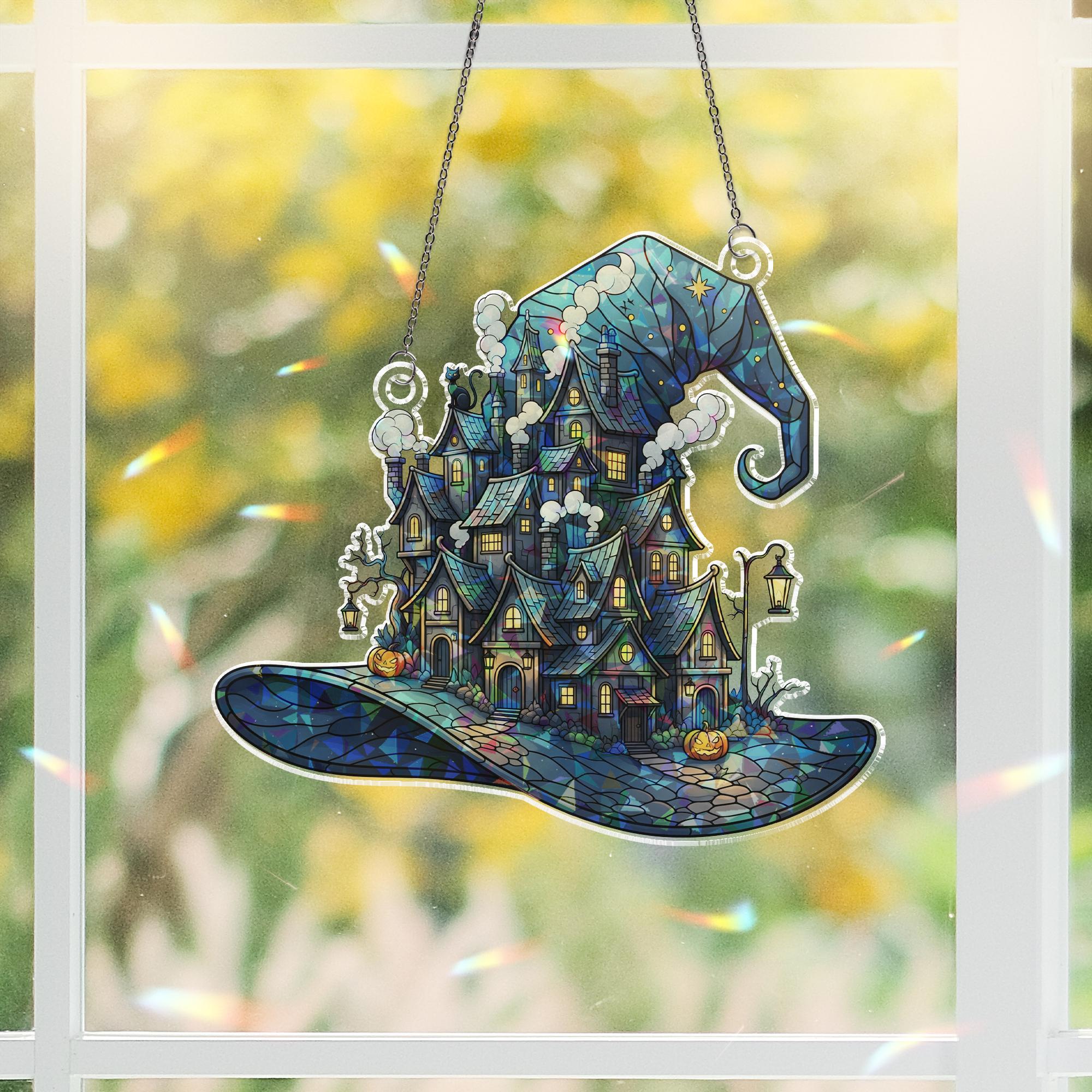 Haunted House Witch Hat Window Hanging – Holographic Halloween Suncatcher, Spooky Fall Decor, Witchy Home Gift, Gothic Wall Art