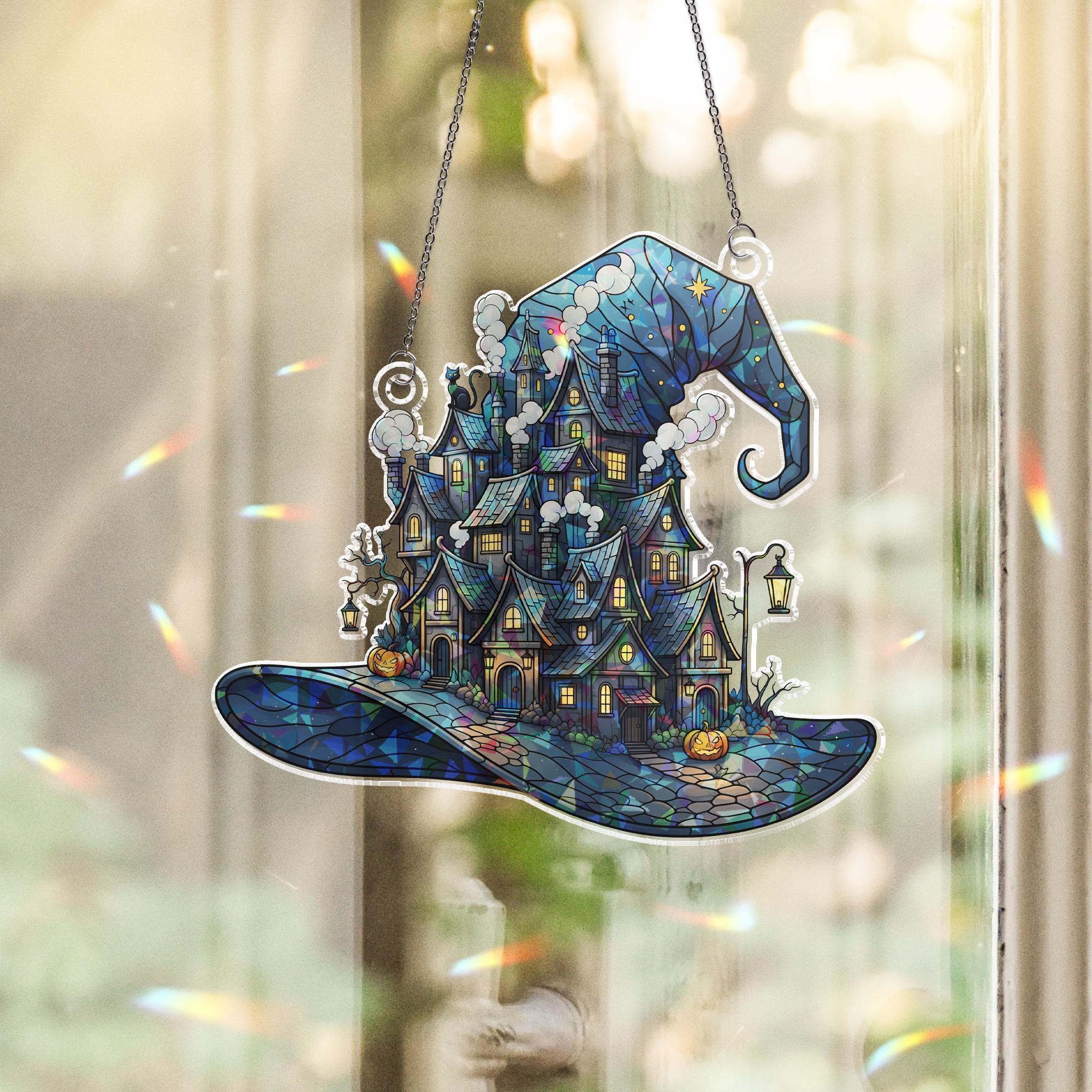 Haunted House Witch Hat Window Hanging – Holographic Halloween Suncatcher, Spooky Fall Decor, Witchy Home Gift, Gothic Wall Art