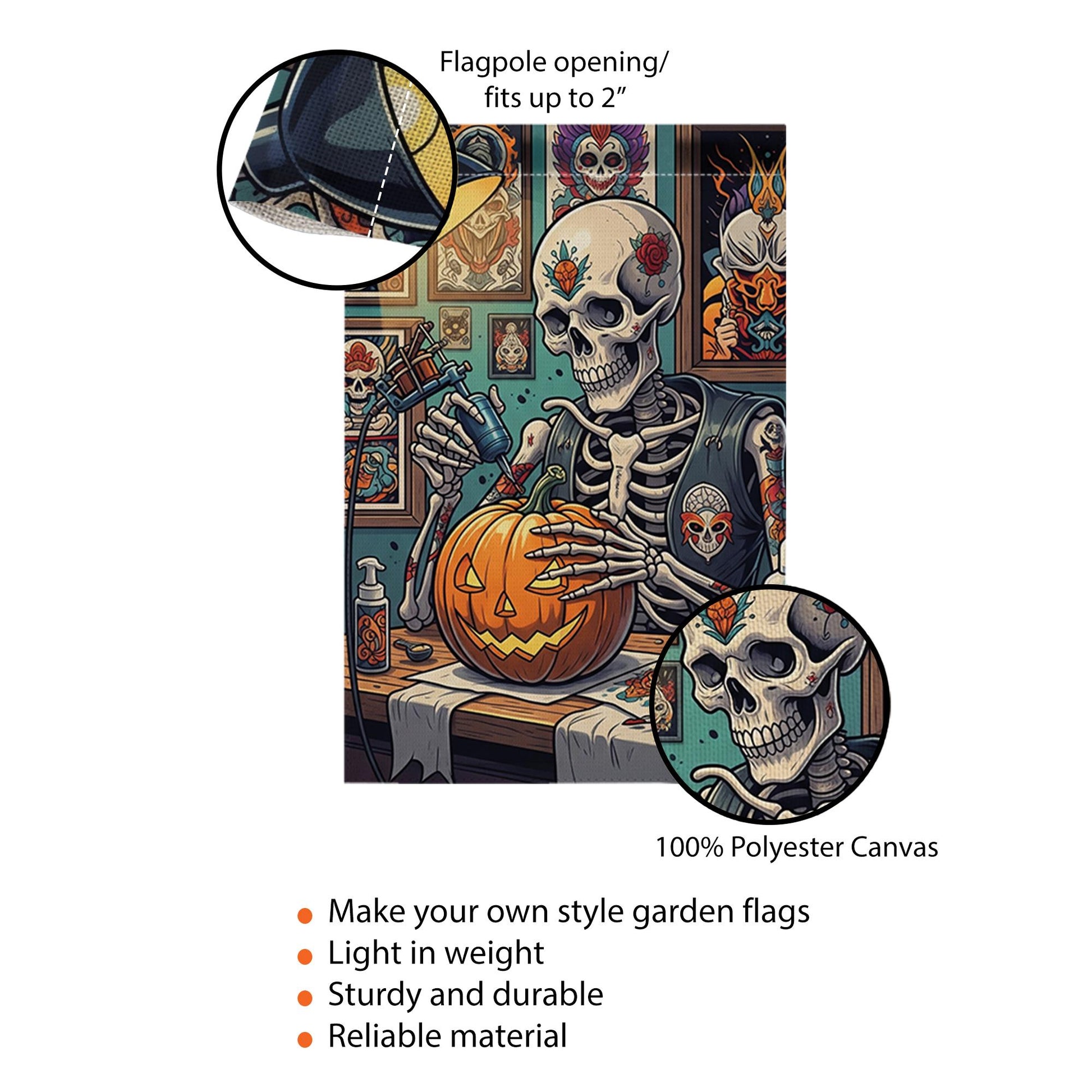 Tattoo Skeleton Halloween Garden Flag – Spooky Jack-O'-Lantern Decor for Fall, Goth Yard Art, Pumpkin Inked Outdoor Flag