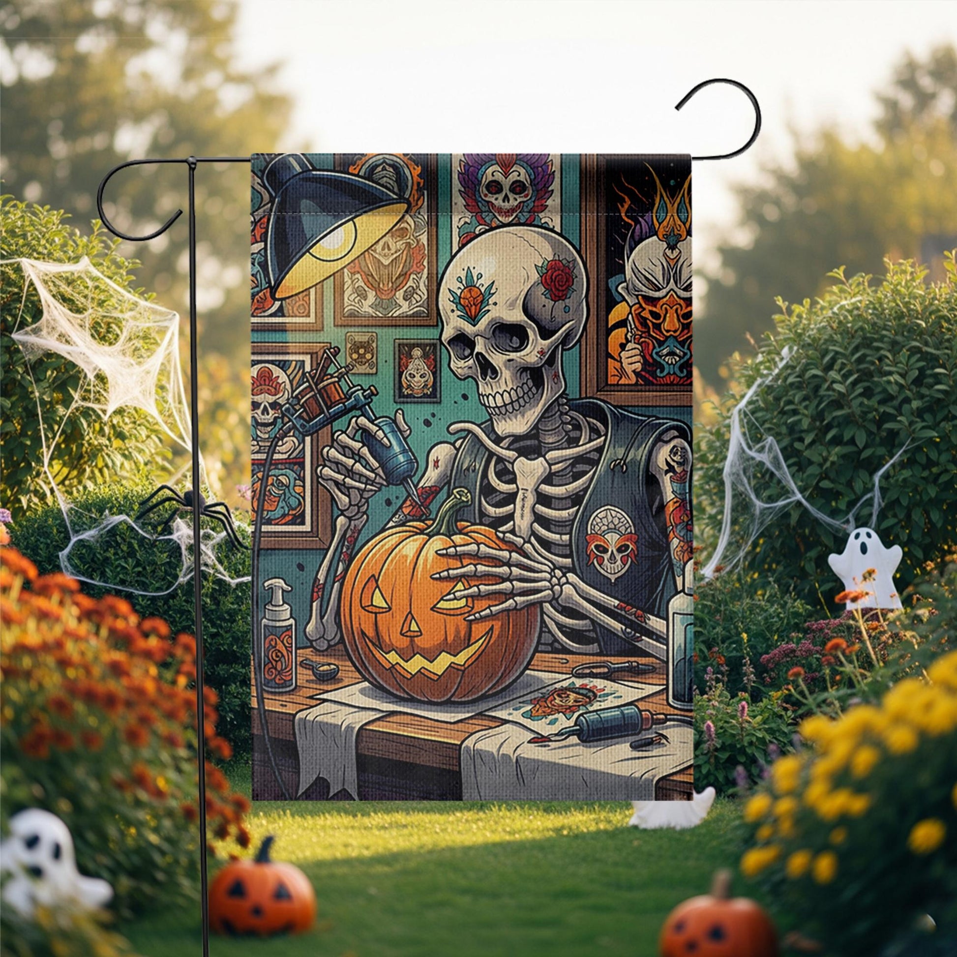 Tattoo Skeleton Halloween Garden Flag – Spooky Jack-O'-Lantern Decor for Fall, Goth Yard Art, Pumpkin Inked Outdoor Flag