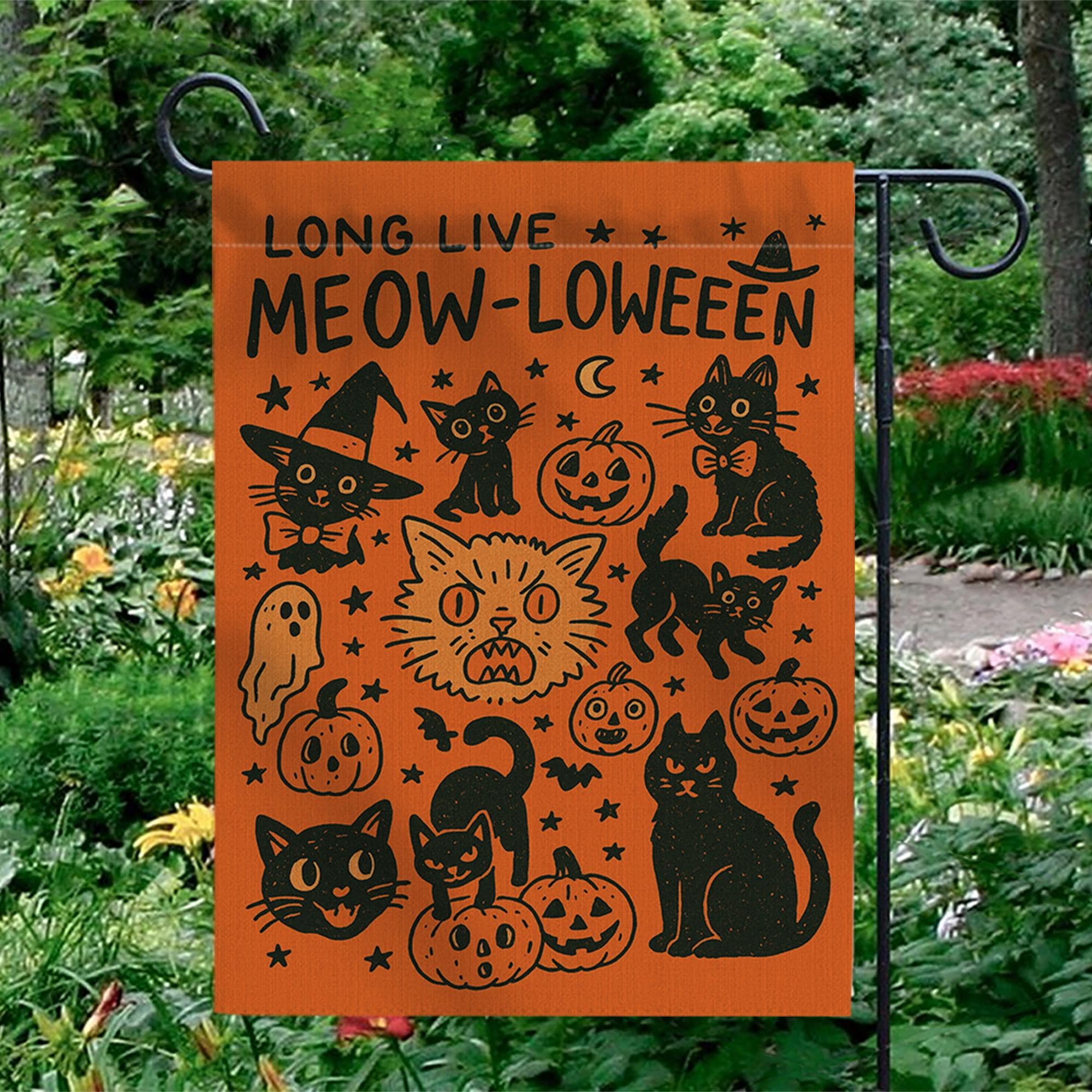 Meow-loween Garden Flag - Cute Halloween Cat Yard Decor - Funny Black Cat Pumpkin Flag for Spooky Fall Outdoor Display