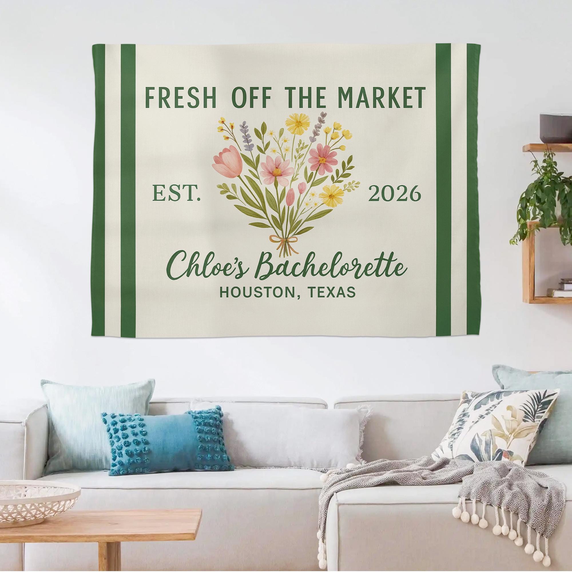 Fresh Off the Market Bachelorette Banner - Custom Floral Tapestry with Name, Date & Location - Personalized Bridal Party Wall Decor