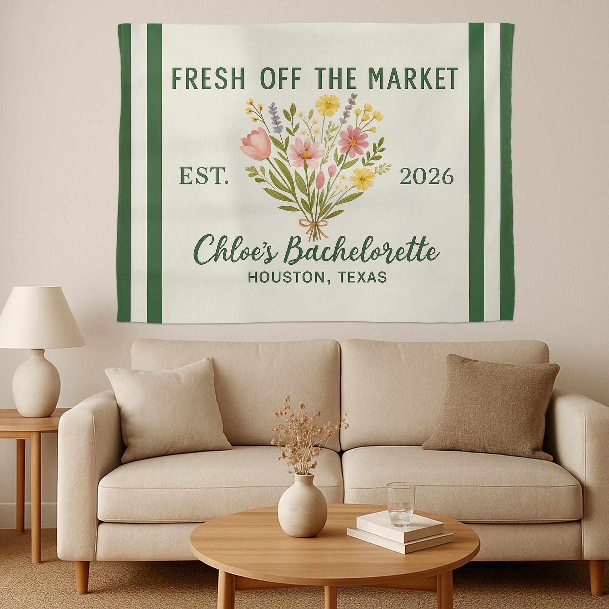 Fresh Off the Market Bachelorette Banner - Custom Floral Tapestry with Name, Date & Location - Personalized Bridal Party Wall Decor