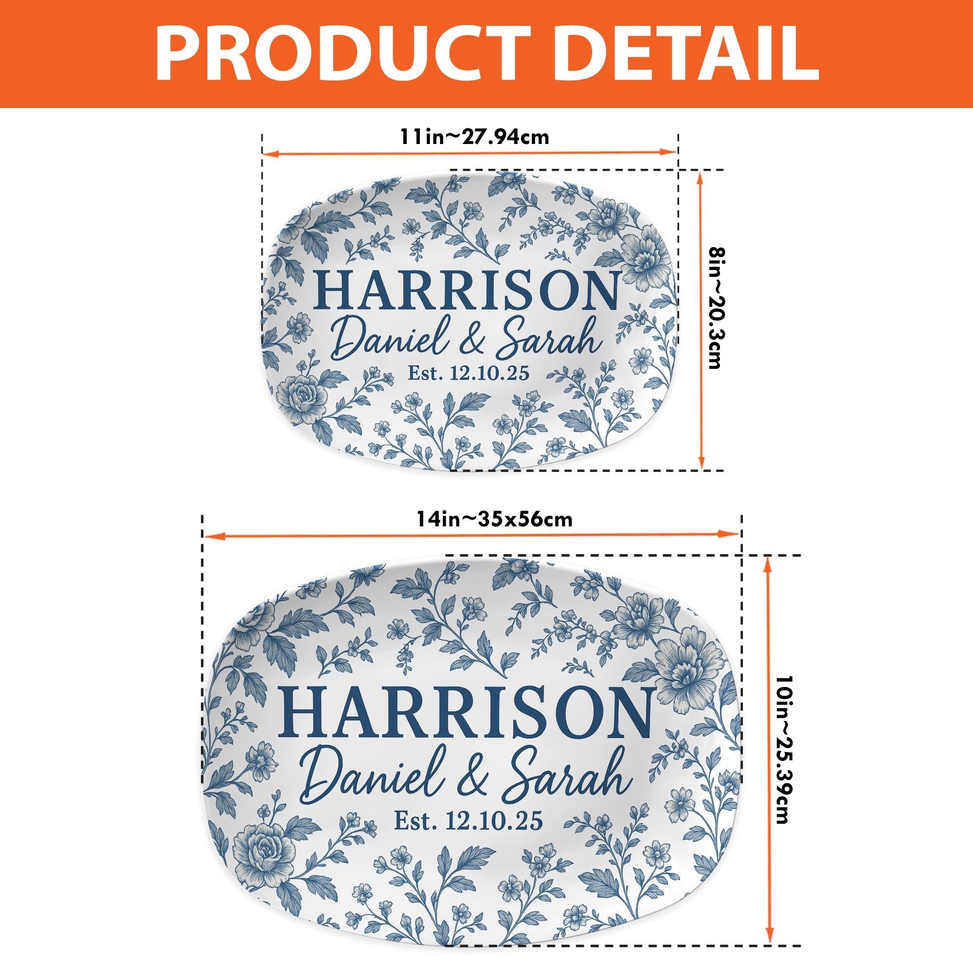 Custom Wedding Platter Blue Floral – Personalized Couple Gift – Last Name Established Plate – Custom Anniversary Tray  - DECOR only