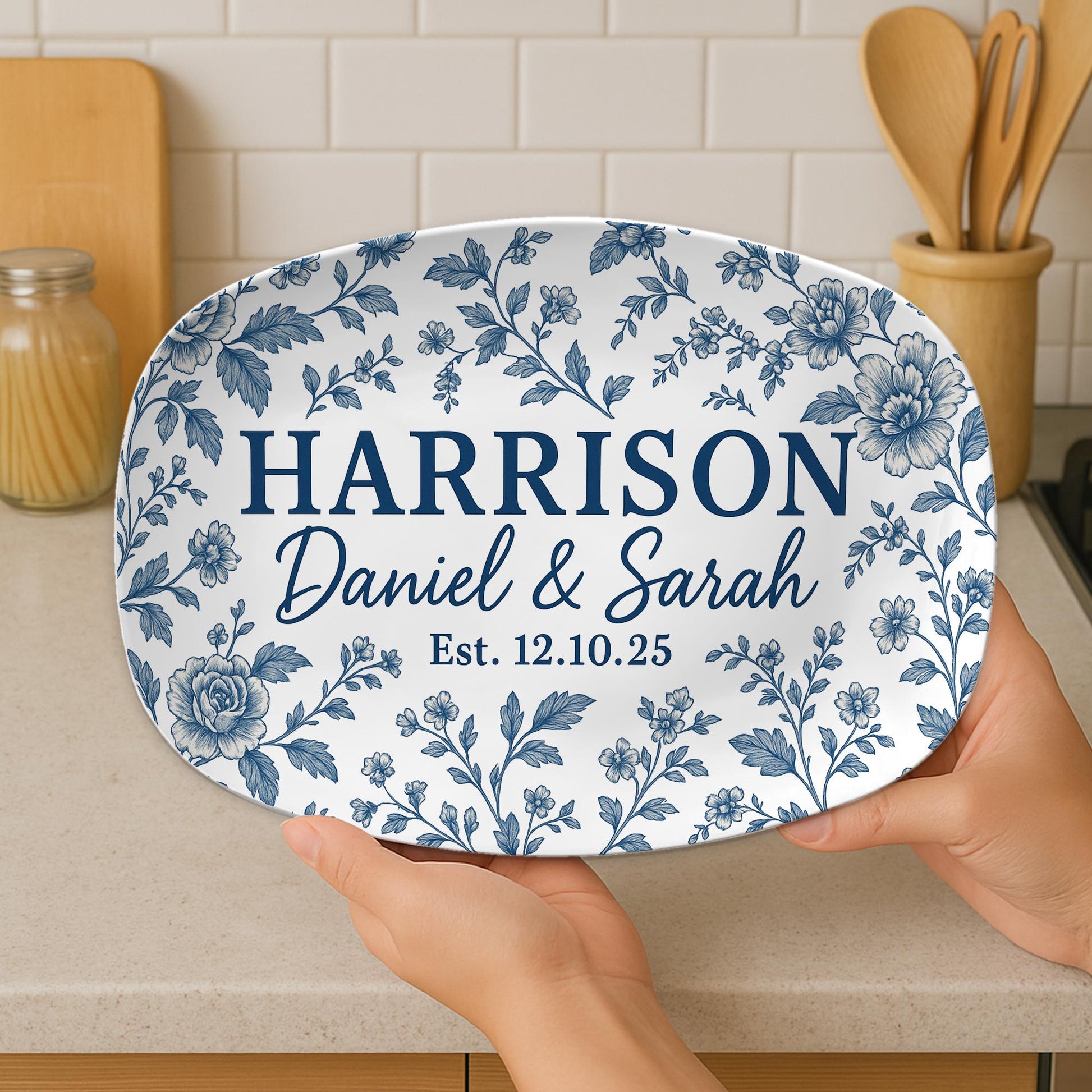 Custom Wedding Platter Blue Floral – Personalized Couple Gift – Last Name Established Plate – Custom Anniversary Tray  - DECOR only