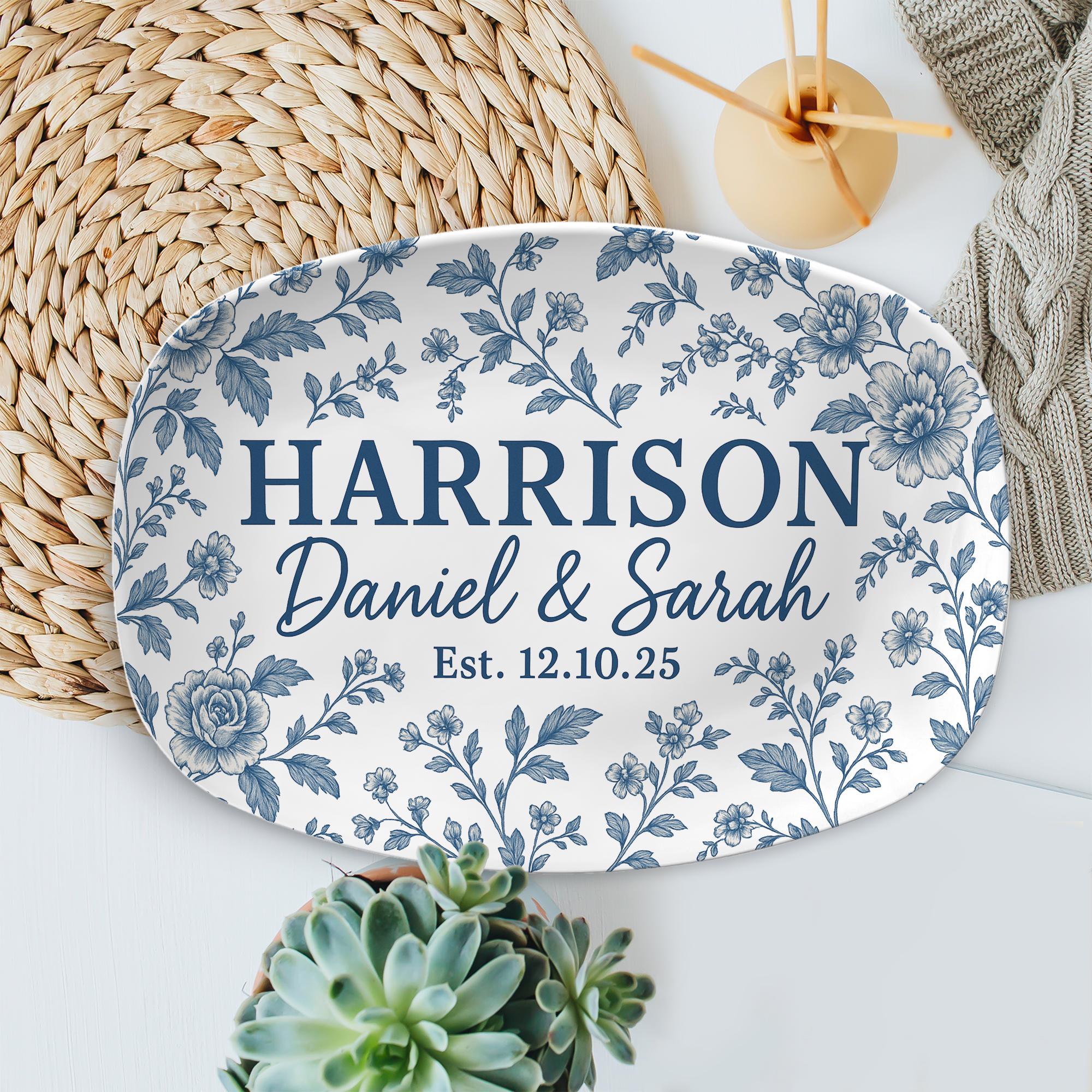 Custom Wedding Platter Blue Floral – Personalized Couple Gift – Last Name Established Plate – Custom Anniversary Tray  - DECOR only