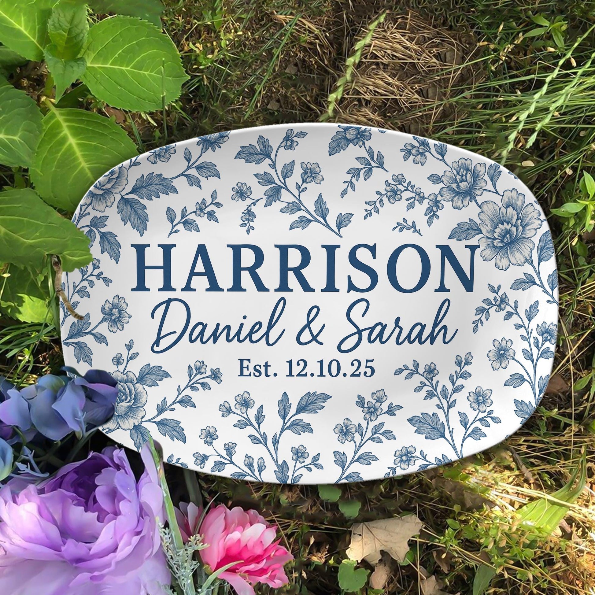 Custom Wedding Platter Blue Floral – Personalized Couple Gift – Last Name Established Plate – Custom Anniversary Tray  - DECOR only