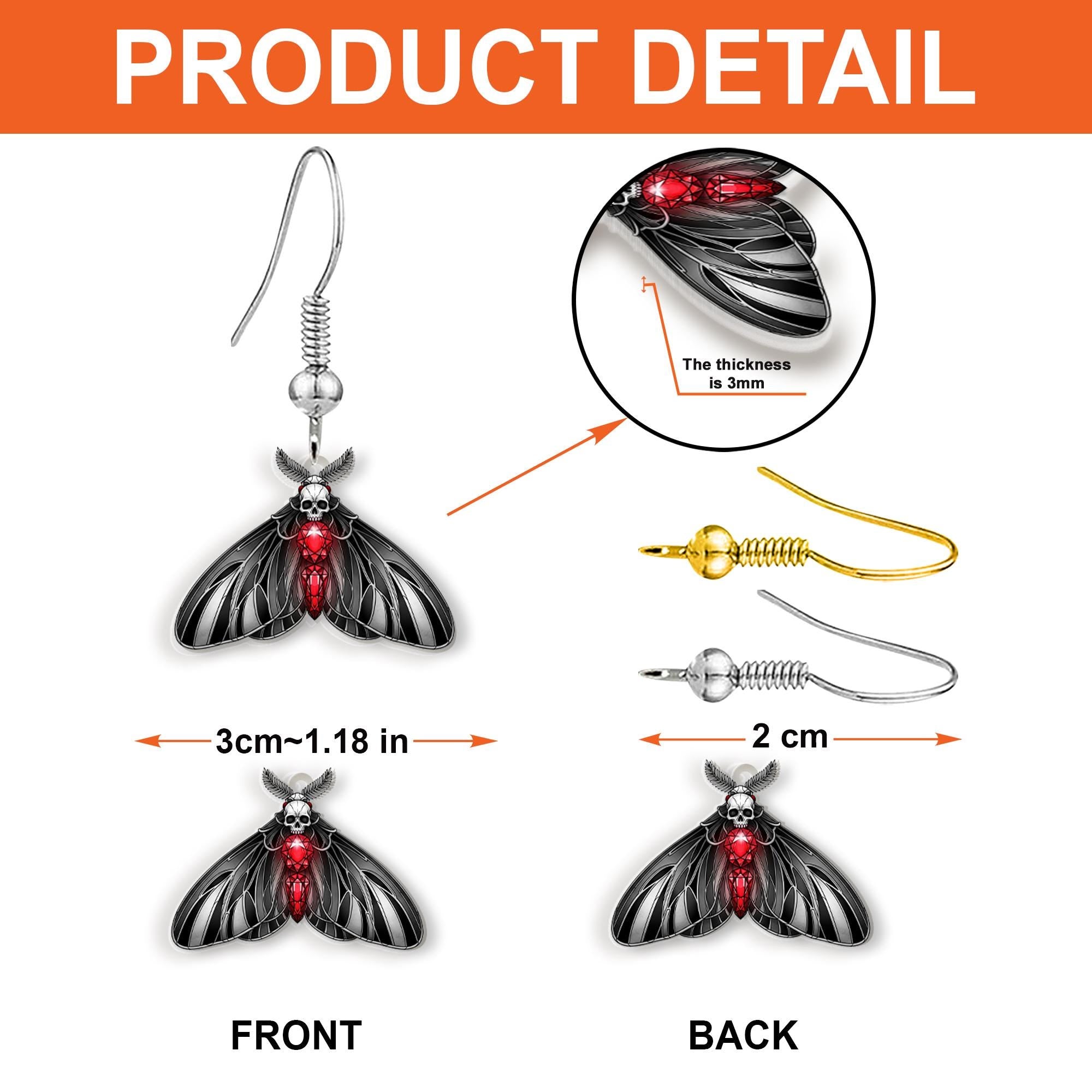Gothic Moth Skull Earrings – Dark Aesthetic Jewelry – Creepy Cute Bug Earrings – Black Red Insect Earrings – Spooky Acrylic Dangles