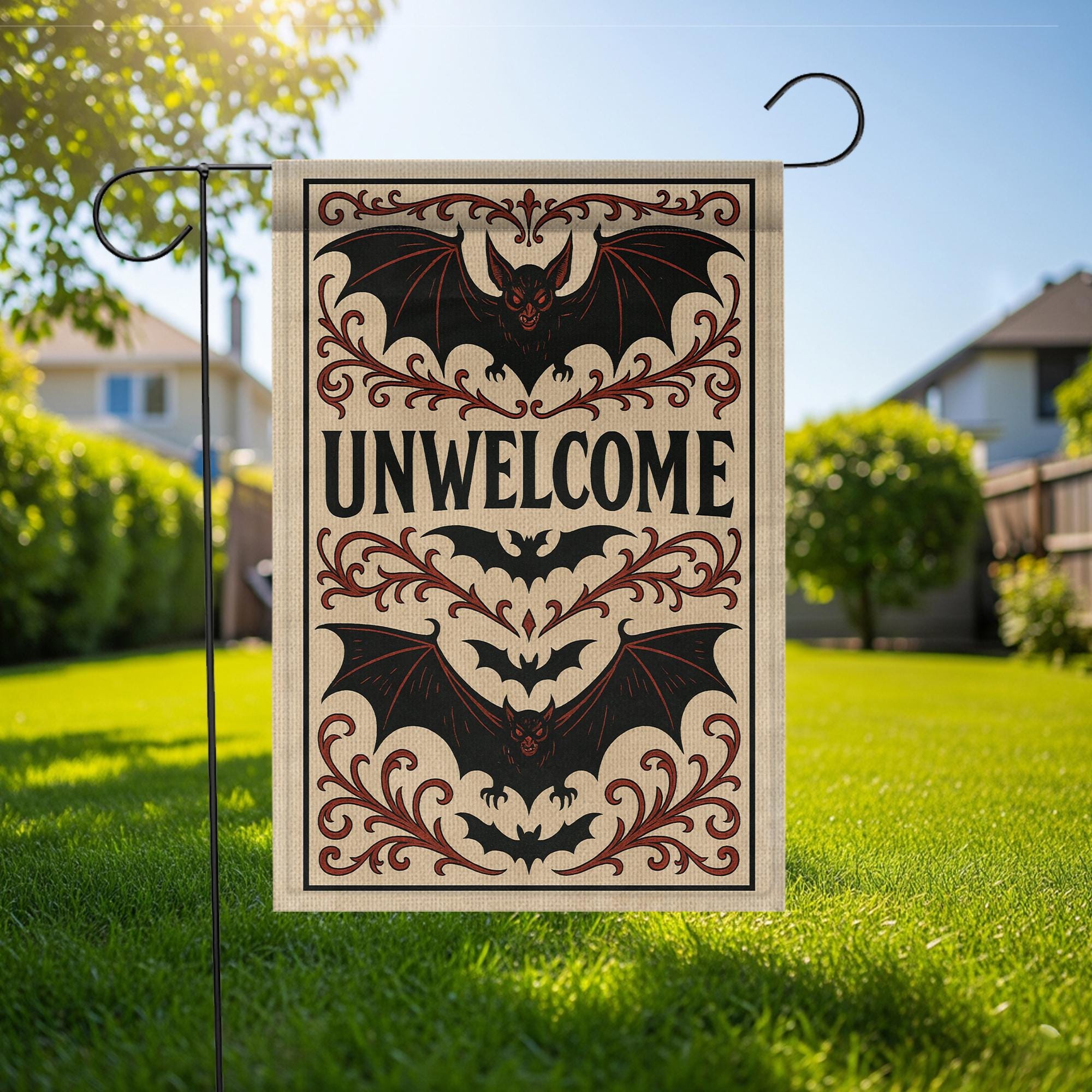 Unwelcome Gothic Garden Flag – Halloween Bat Yard Decor – Spooky Outdoor Banner – Creepy Front Porch Sign – Funny Haunted Flag