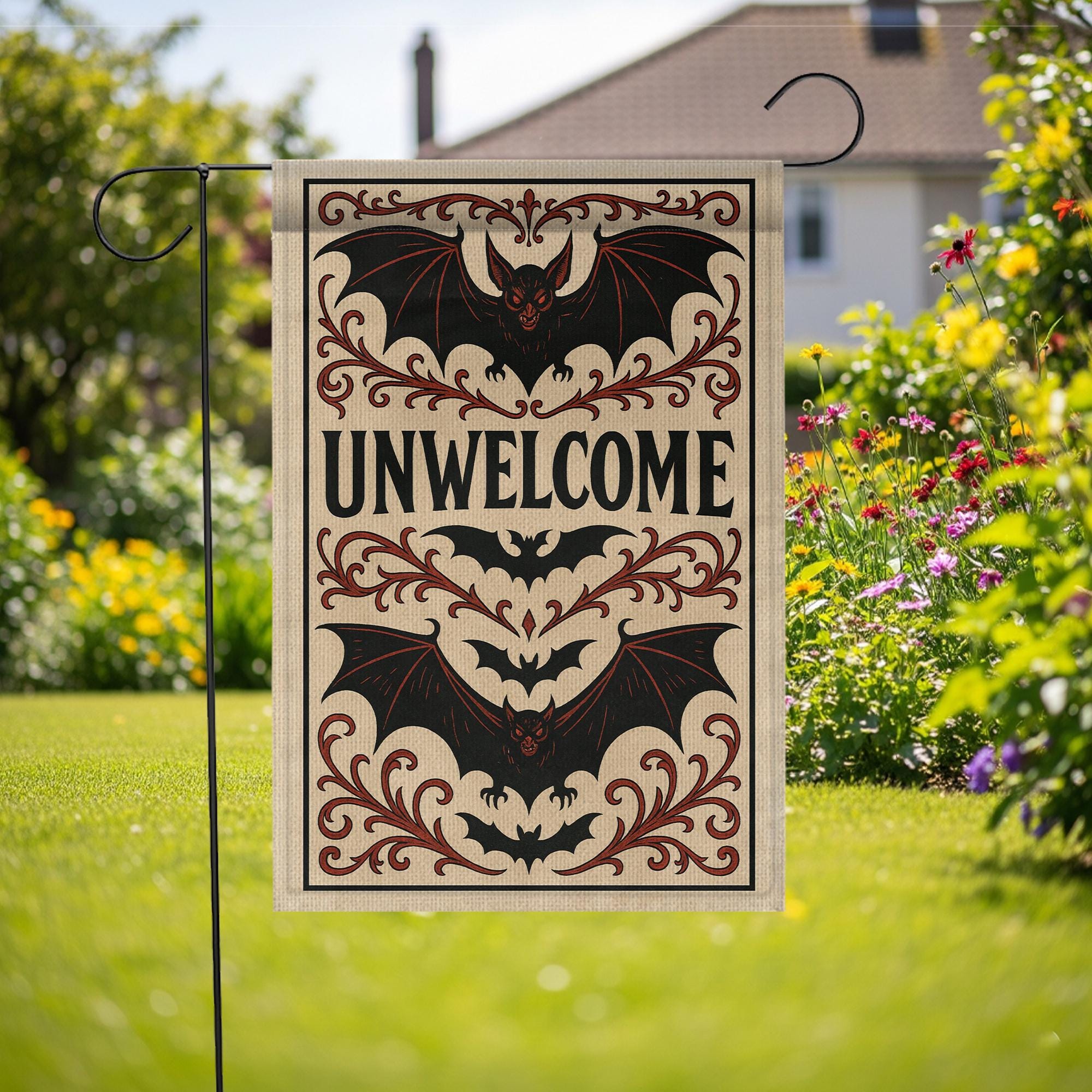 Unwelcome Gothic Garden Flag – Halloween Bat Yard Decor – Spooky Outdoor Banner – Creepy Front Porch Sign – Funny Haunted Flag