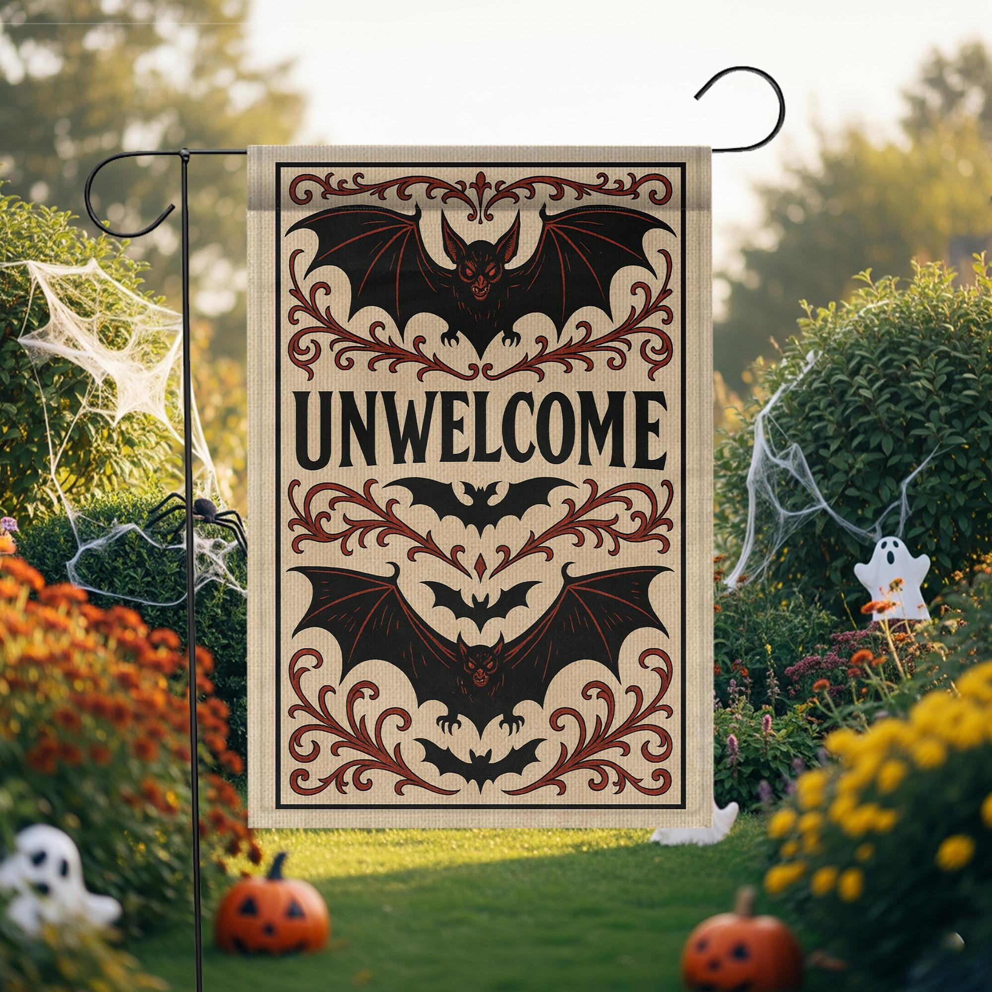 Unwelcome Gothic Garden Flag – Halloween Bat Yard Decor – Spooky Outdoor Banner – Creepy Front Porch Sign – Funny Haunted Flag