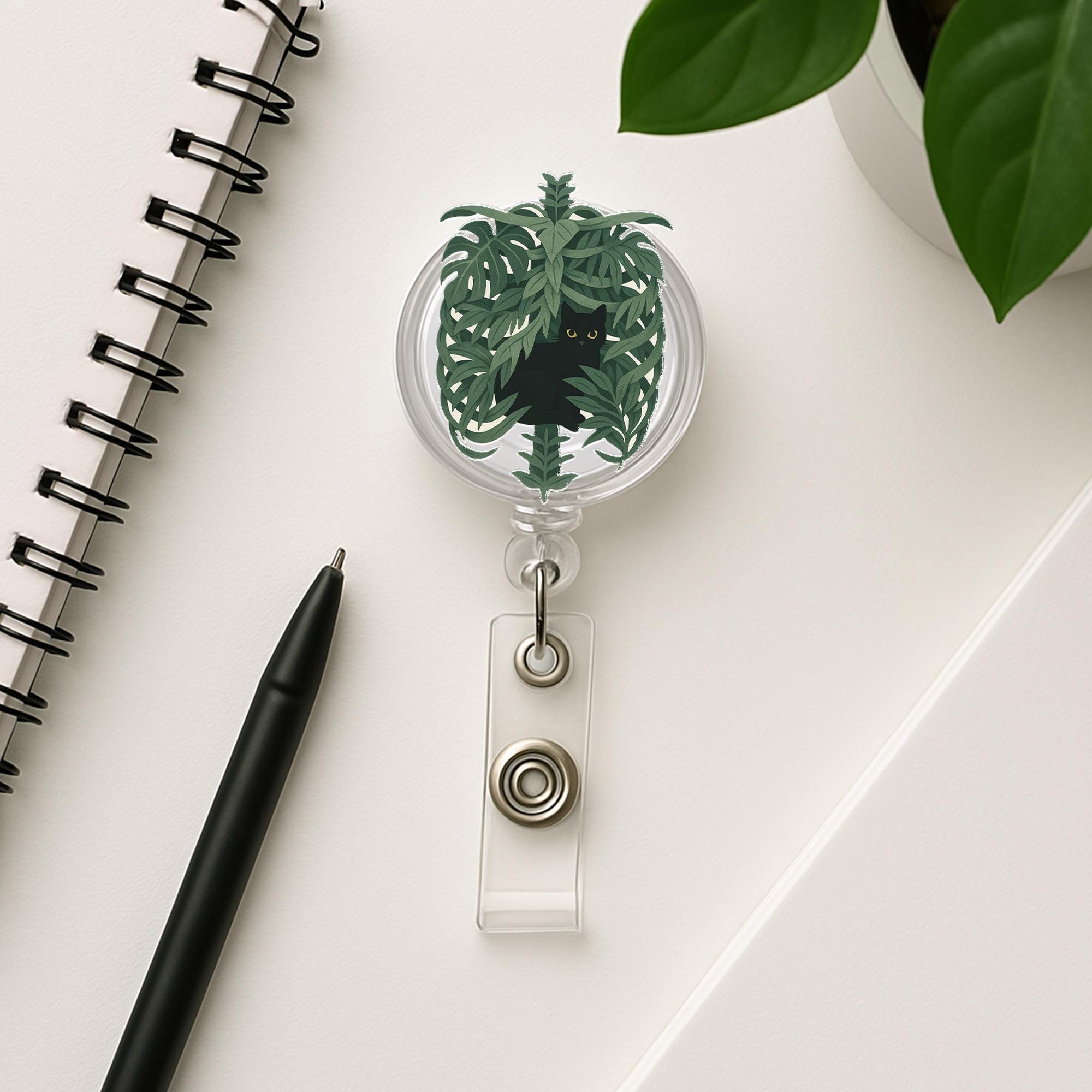 Cute Black Cat Jungle Badge Reel, Plant Lover ID Holder, Badge Reel Clip for Nurse, Office, Vet Tech, Animal Themed Badge, Nurse Gift