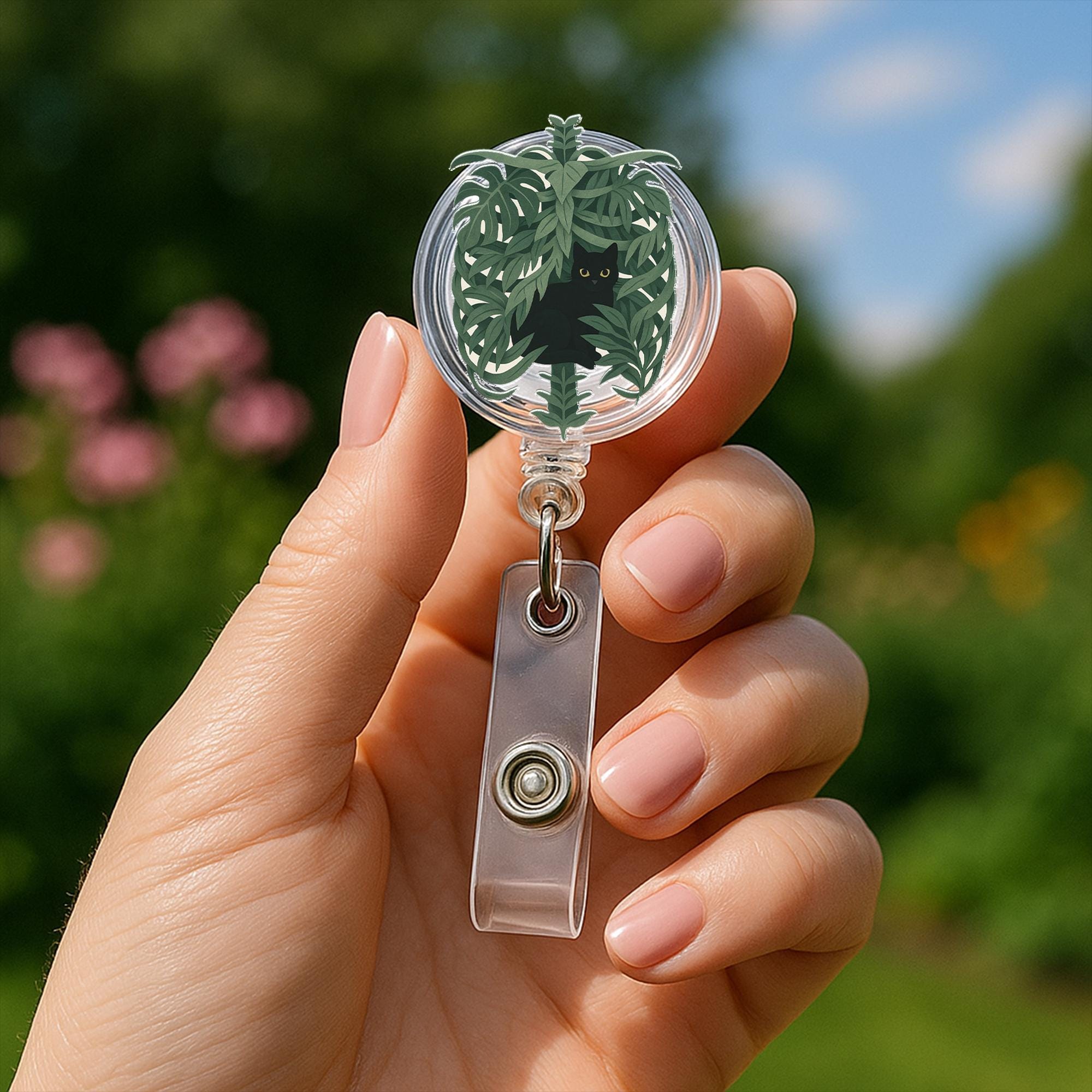 Cute Black Cat Jungle Badge Reel, Plant Lover ID Holder, Badge Reel Clip for Nurse, Office, Vet Tech, Animal Themed Badge, Nurse Gift