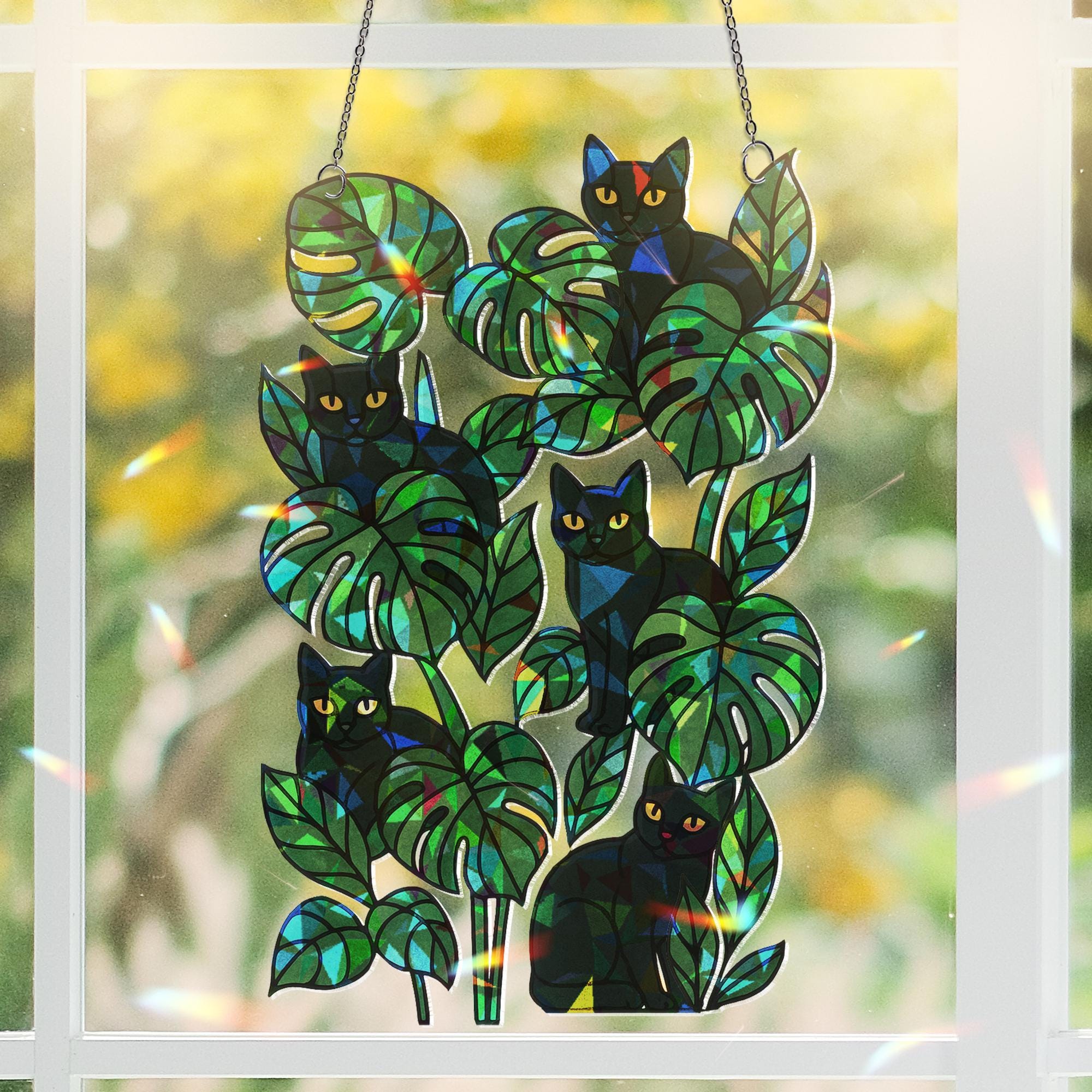 Black Cat Monstera Suncatcher, Stained Glass Style Window Hanging, Plant Lover Decor, Gothic Cat Art, Sunlight Prism Panel