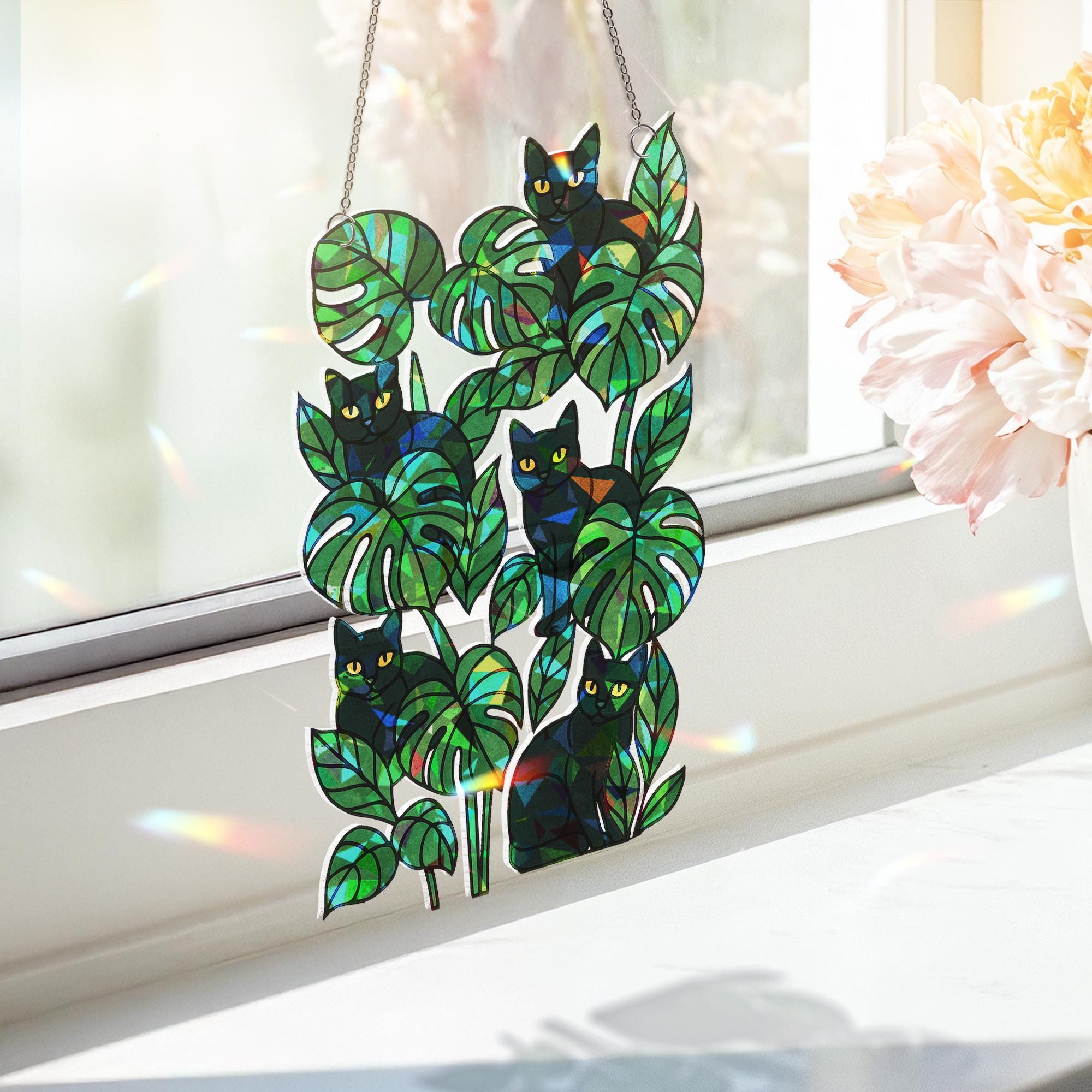 Black Cat Monstera Suncatcher, Stained Glass Style Window Hanging, Plant Lover Decor, Gothic Cat Art, Sunlight Prism Panel