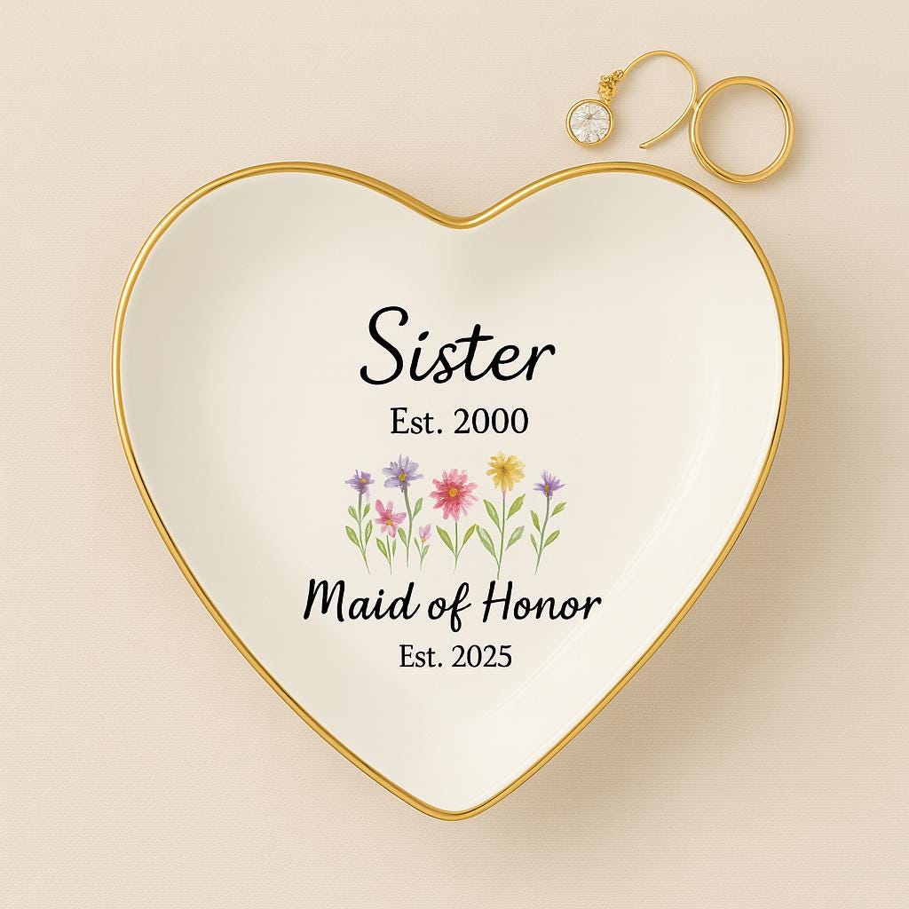 Custom Sister Jewelry Tray - Personalized Maid of Honor Gift with Established Dates - Floral Ring Dish Keepsake for Wedding Day –DECOR only