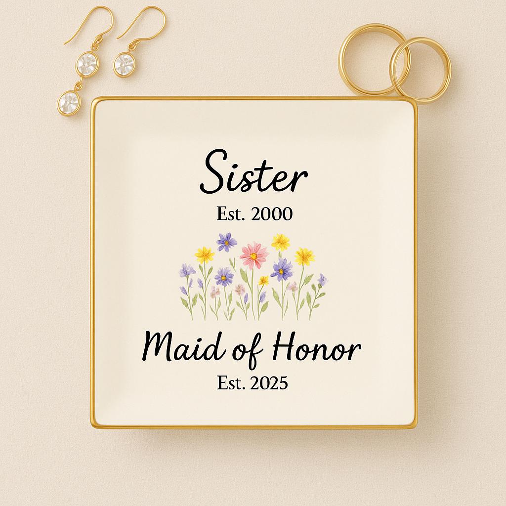 Custom Sister Jewelry Tray - Personalized Maid of Honor Gift with Established Dates - Floral Ring Dish Keepsake for Wedding Day –DECOR only