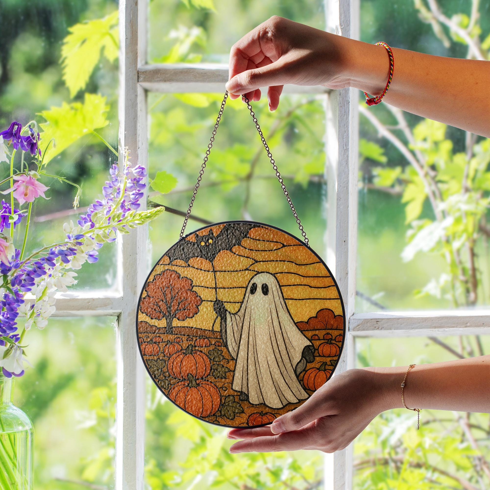 Ghost Suncatcher, Halloween Window Decor, Glass Ghost, Fall Pumpkin Sun Catcher, Spooky Cute Autumn Gift, Autumn home decor