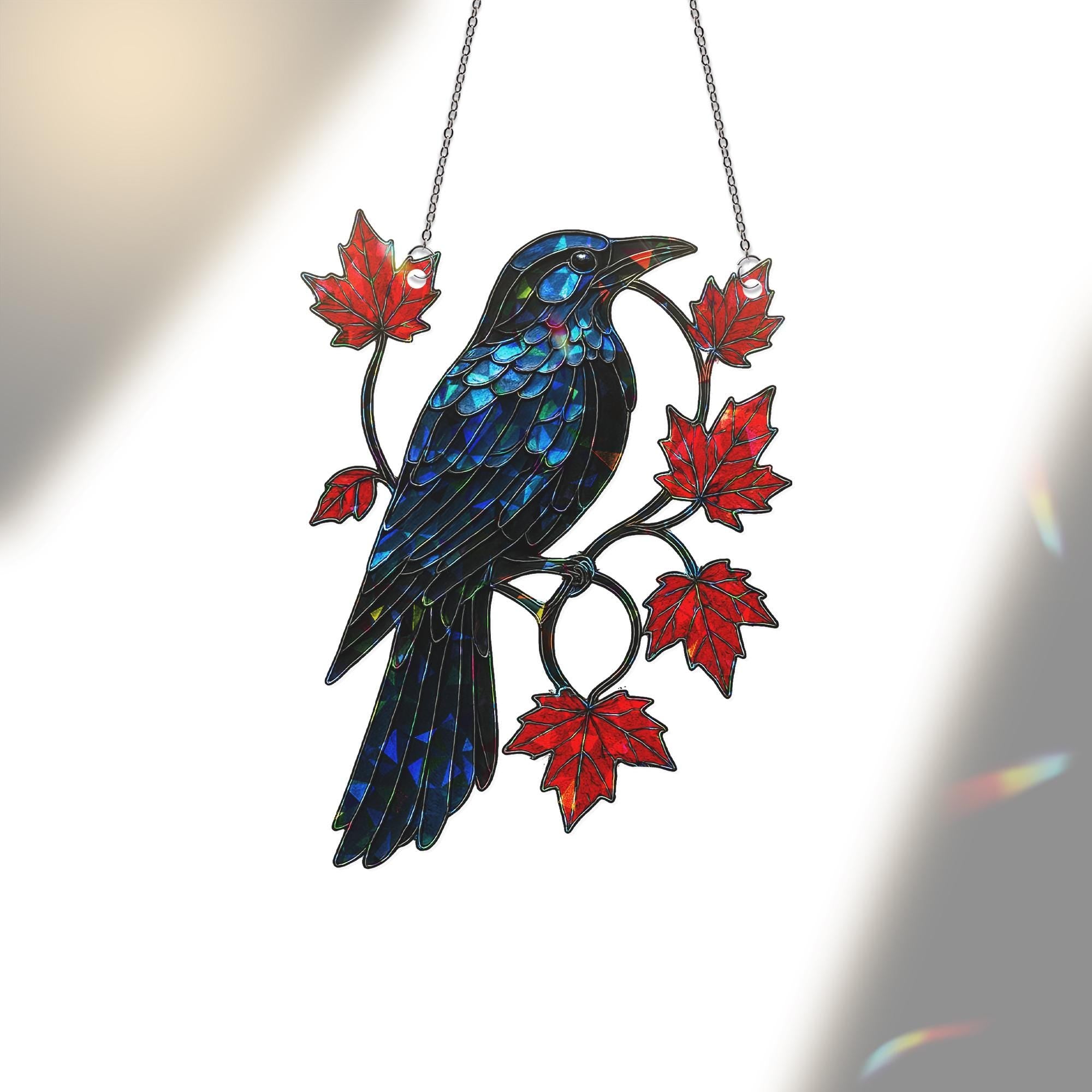 Holographic Raven Suncatcher, Gothic Bird Window Decor, Fall Maple Leaf Panel, Shiny Crow Art Glass, Autumn Hanging Ornament