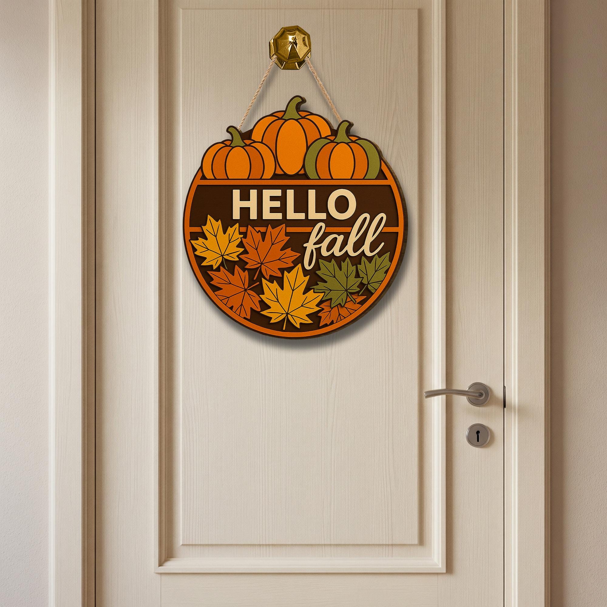 Hello Fall Door Hanger, Pumpkin Porch Sign, Autumn Front Door Decor, Maple Leaf Welcome Sign, Rustic Fall Entryway Decoration
