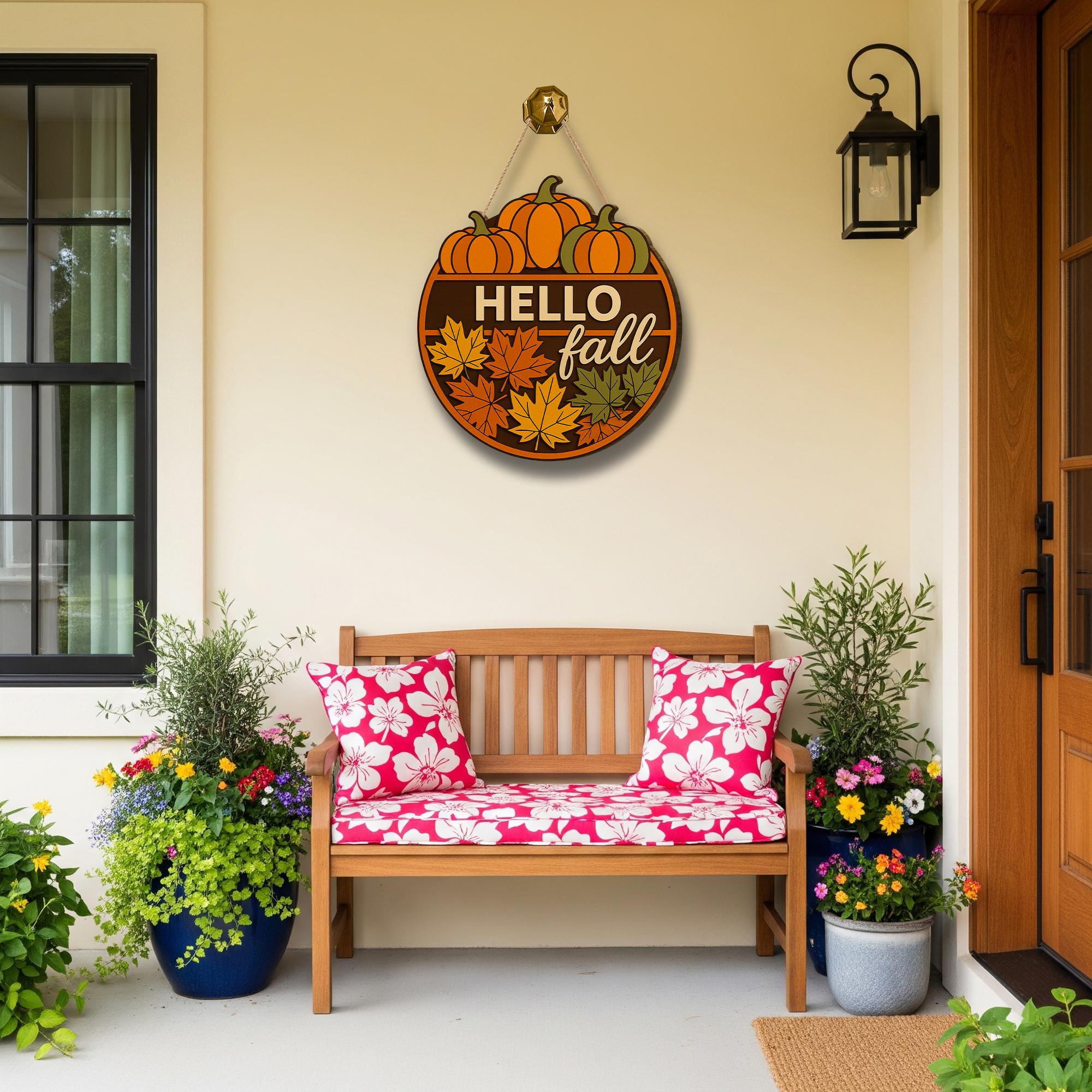 Hello Fall Door Hanger, Pumpkin Porch Sign, Autumn Front Door Decor, Maple Leaf Welcome Sign, Rustic Fall Entryway Decoration
