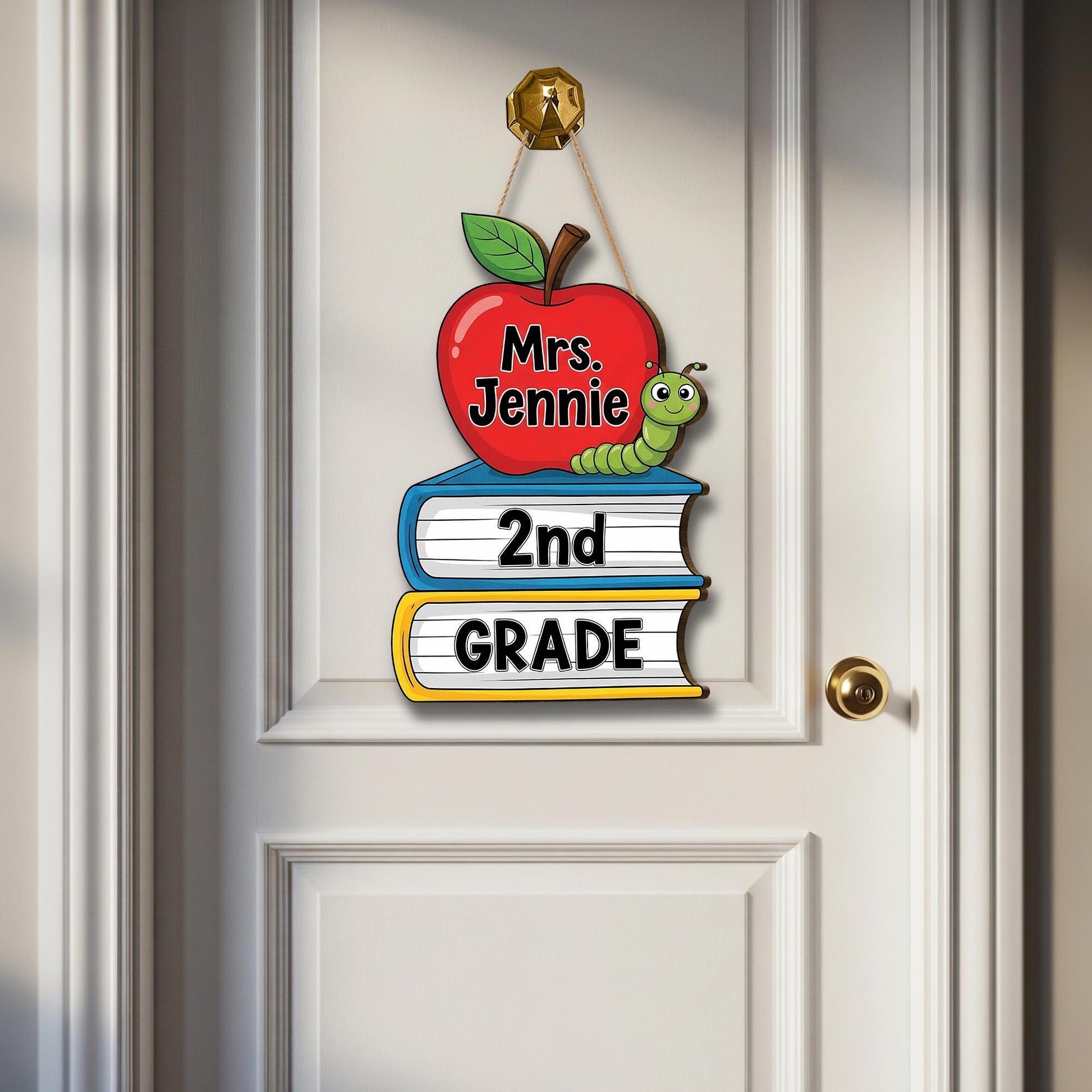 Personalized Teacher Door Sign, 2nd Grade Classroom Decor, Apple Book Worm Plaque, Back to School Gift, Custom Name School Sign
