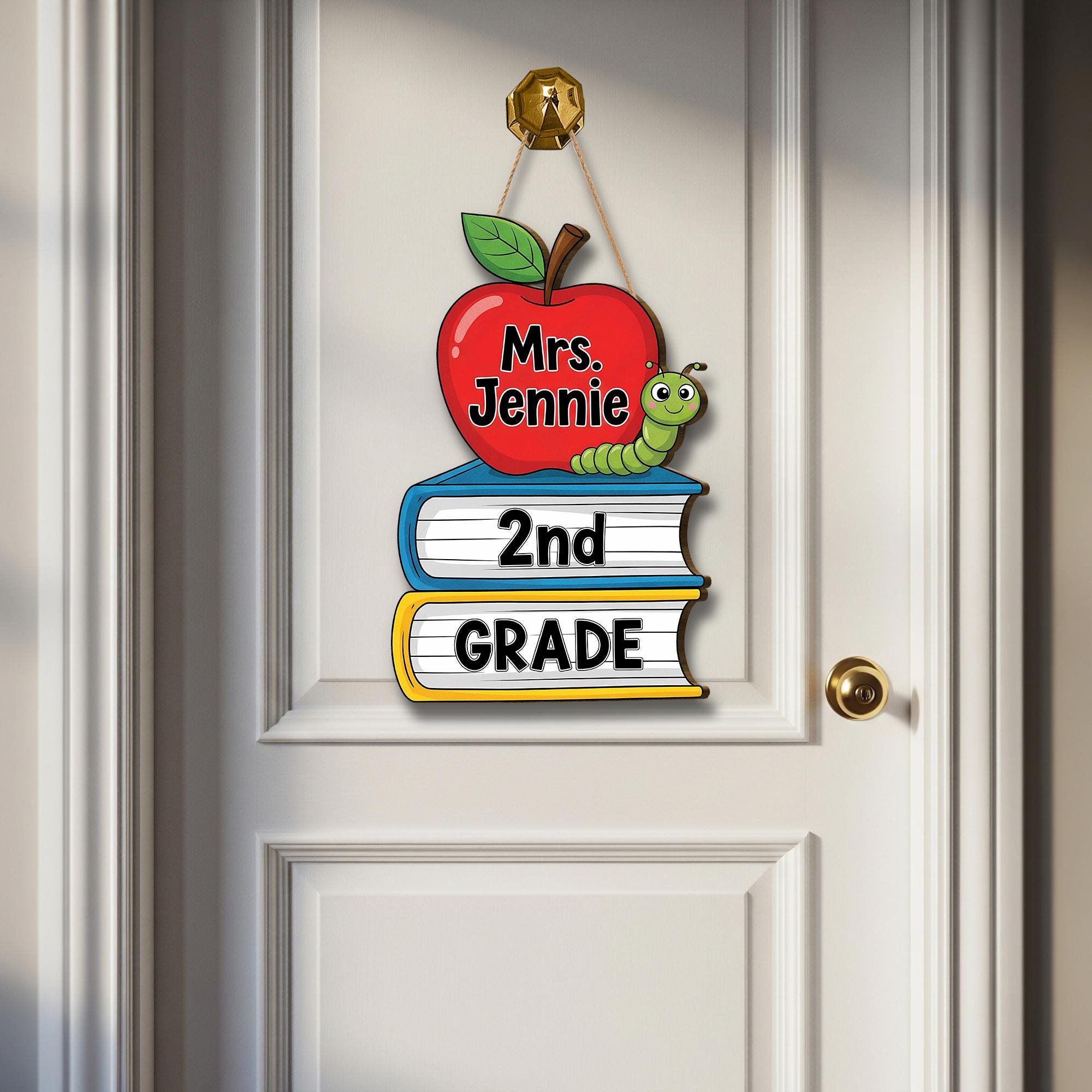 Personalized Teacher Door Sign, 2nd Grade Classroom Decor, Apple Book Worm Plaque, Back to School Gift, Custom Name School Sign