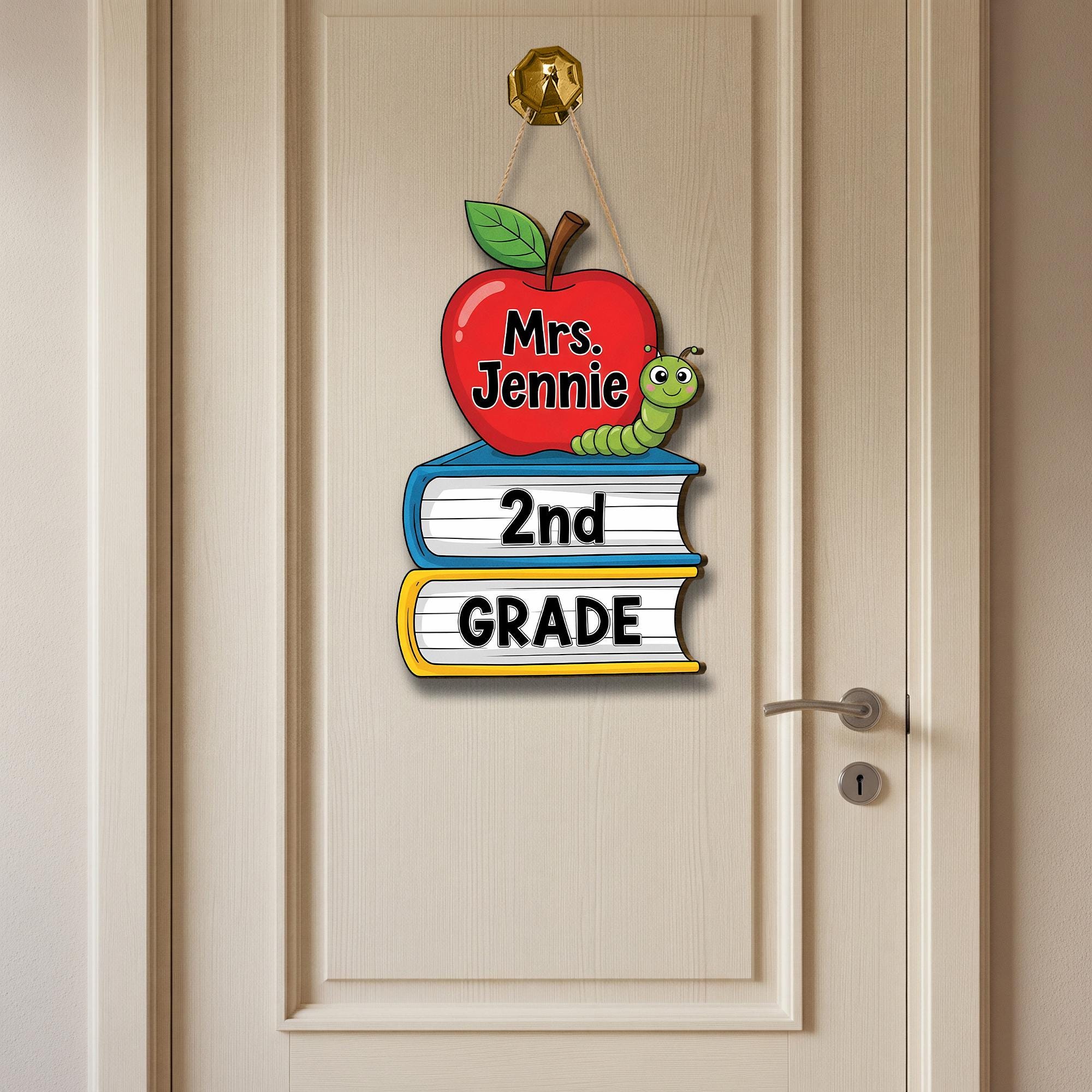 Personalized Teacher Door Sign, 2nd Grade Classroom Decor, Apple Book Worm Plaque, Back to School Gift, Custom Name School Sign