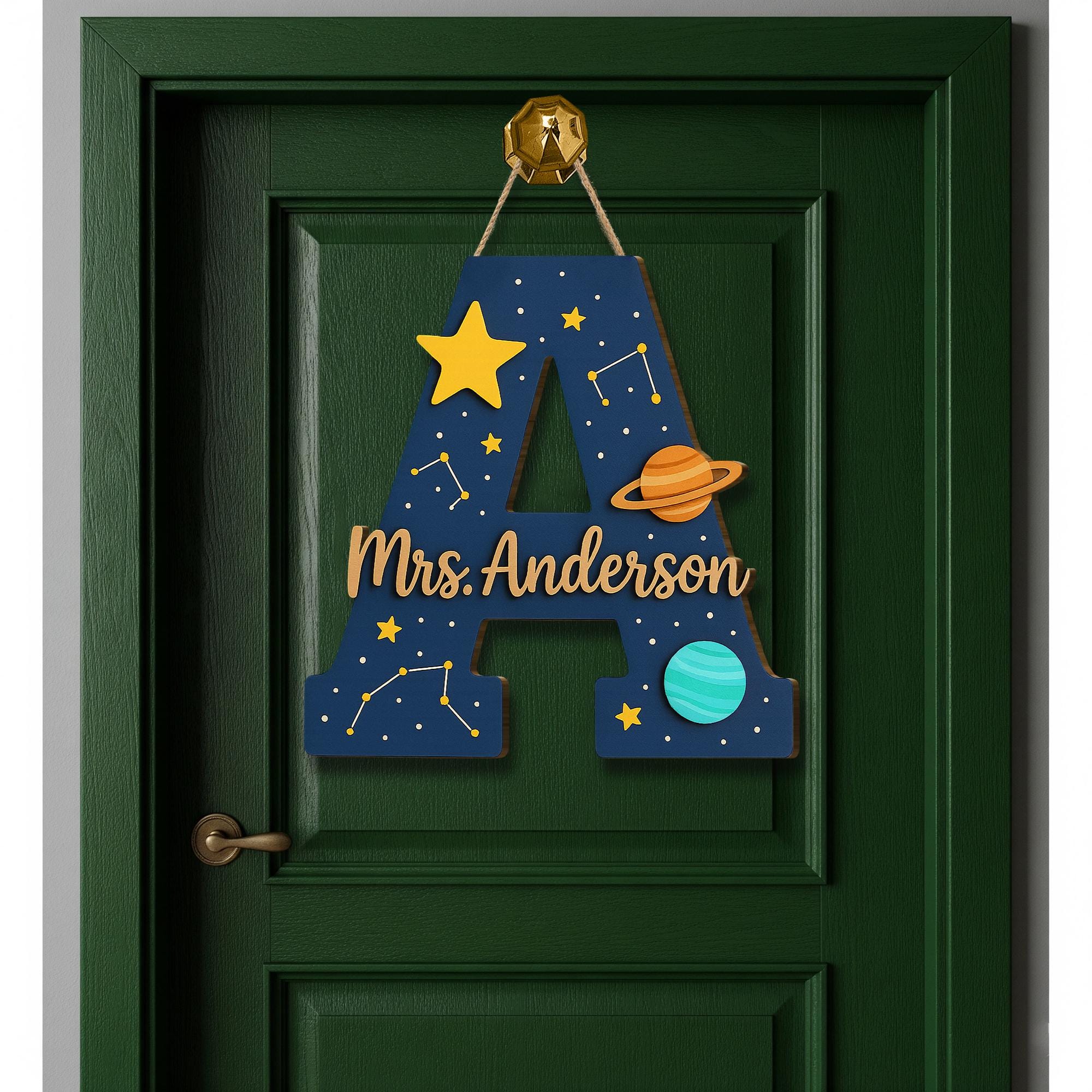 Personalized Teacher Door Sign, Space Theme Classroom Decor, Custom Name Plaque, Planet Initial Sign, Back to School Door Hanger