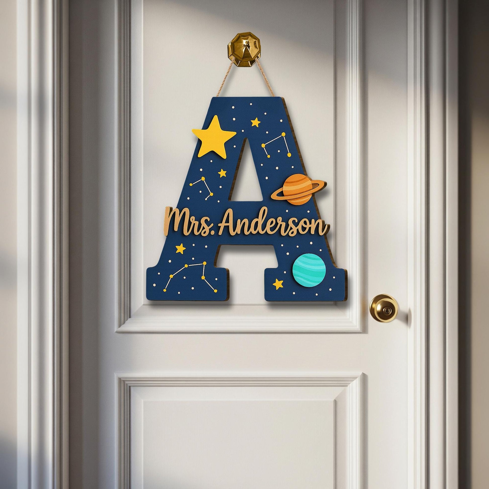 Personalized Teacher Door Sign, Space Theme Classroom Decor, Custom Name Plaque, Planet Initial Sign, Back to School Door Hanger