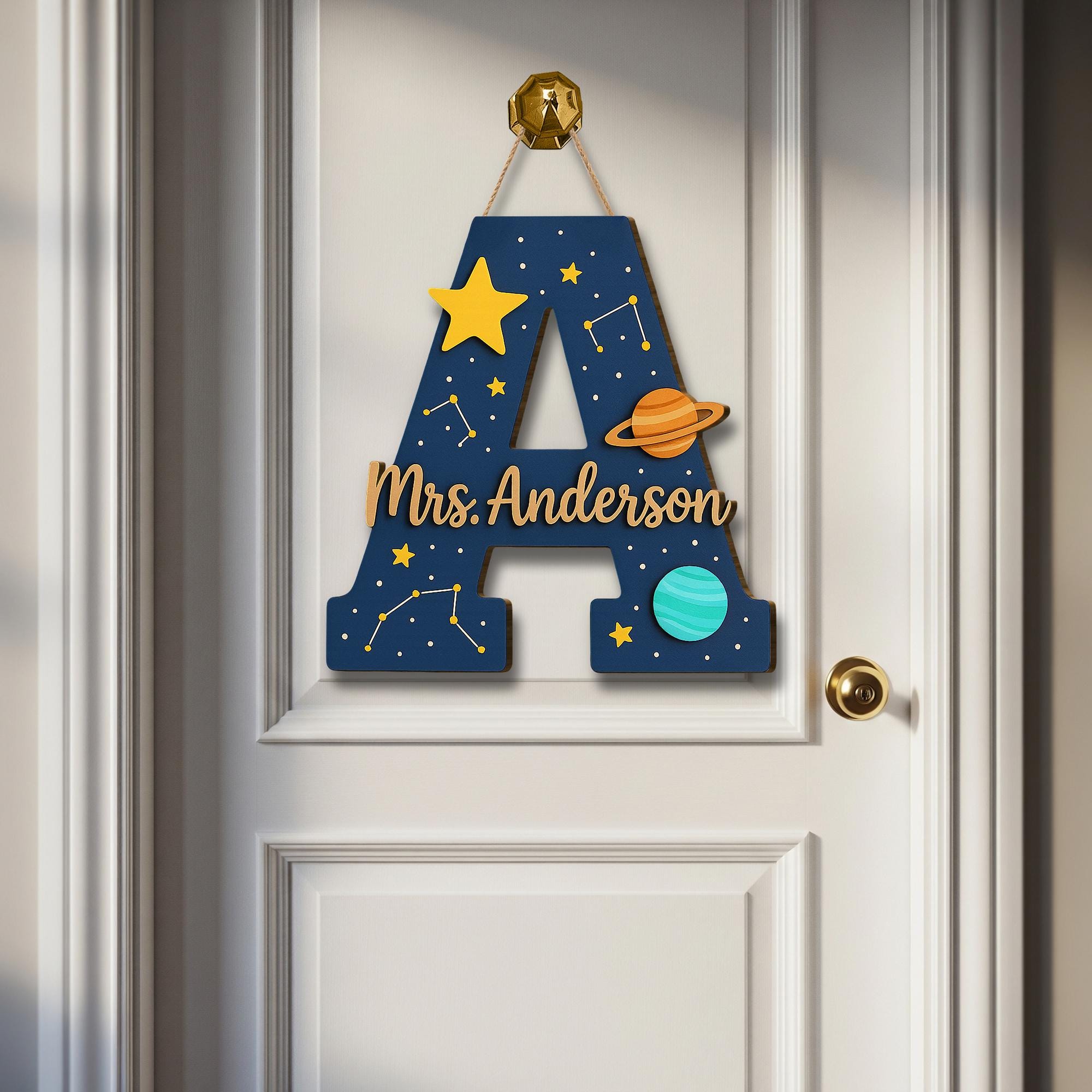 Personalized Teacher Door Sign, Space Theme Classroom Decor, Custom Name Plaque, Planet Initial Sign, Back to School Door Hanger