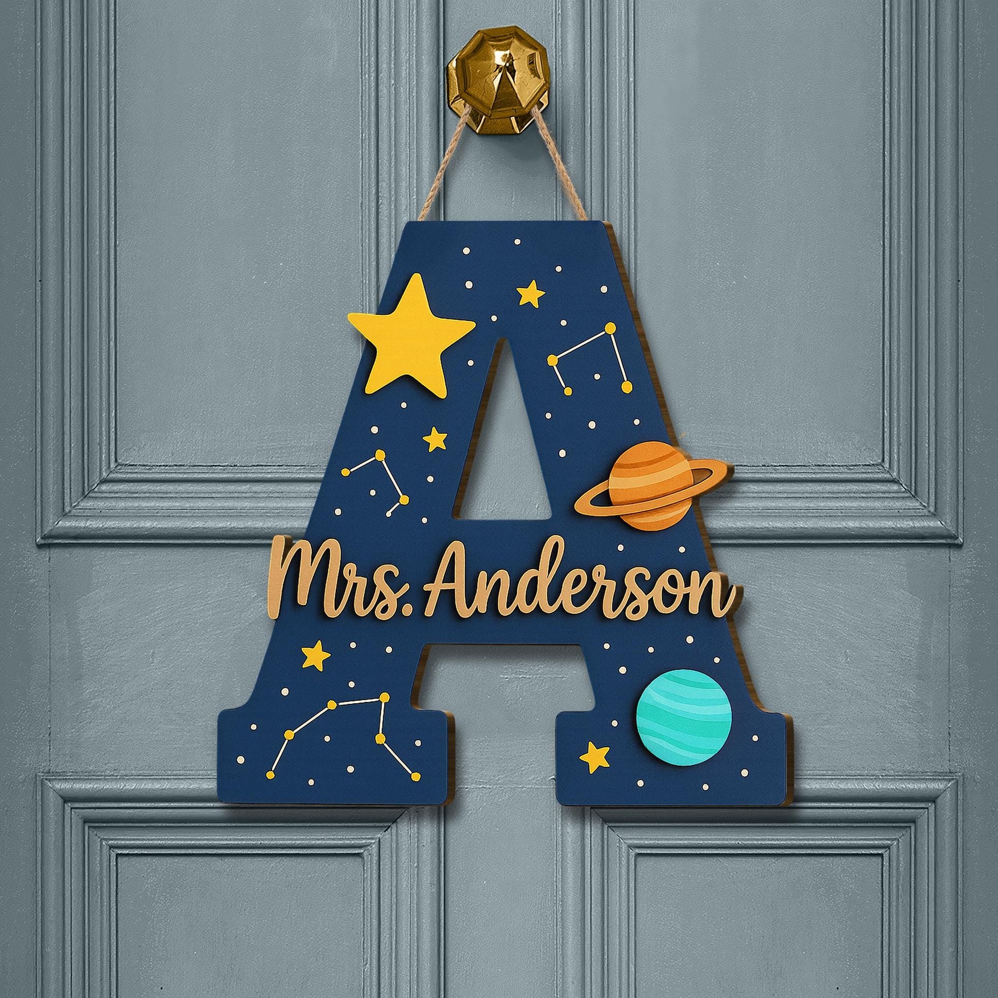 Personalized Teacher Door Sign, Space Theme Classroom Decor, Custom Name Plaque, Planet Initial Sign, Back to School Door Hanger