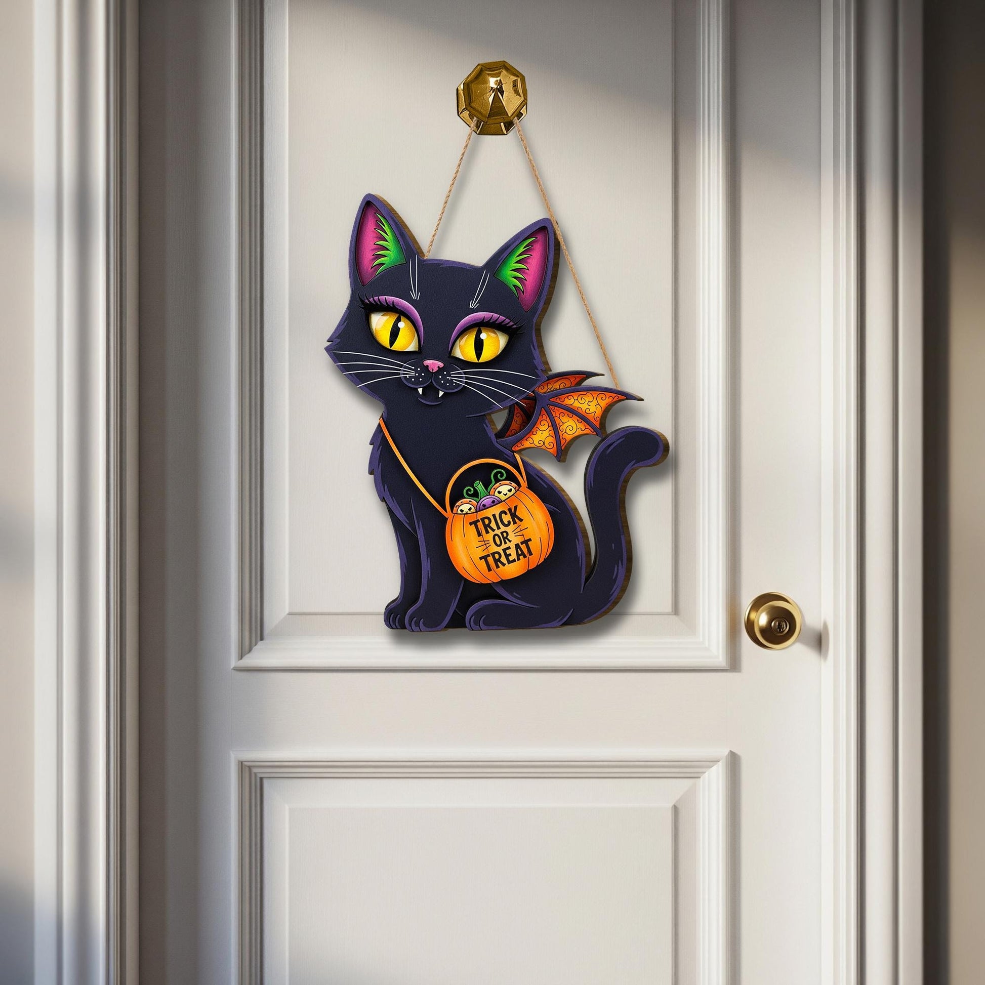 Halloween Black Cat Wooden Sign , Trick or Treat Sign, Spooky Cute Decor, Fall Home Decoration, Witchy Cat Welcome Sign