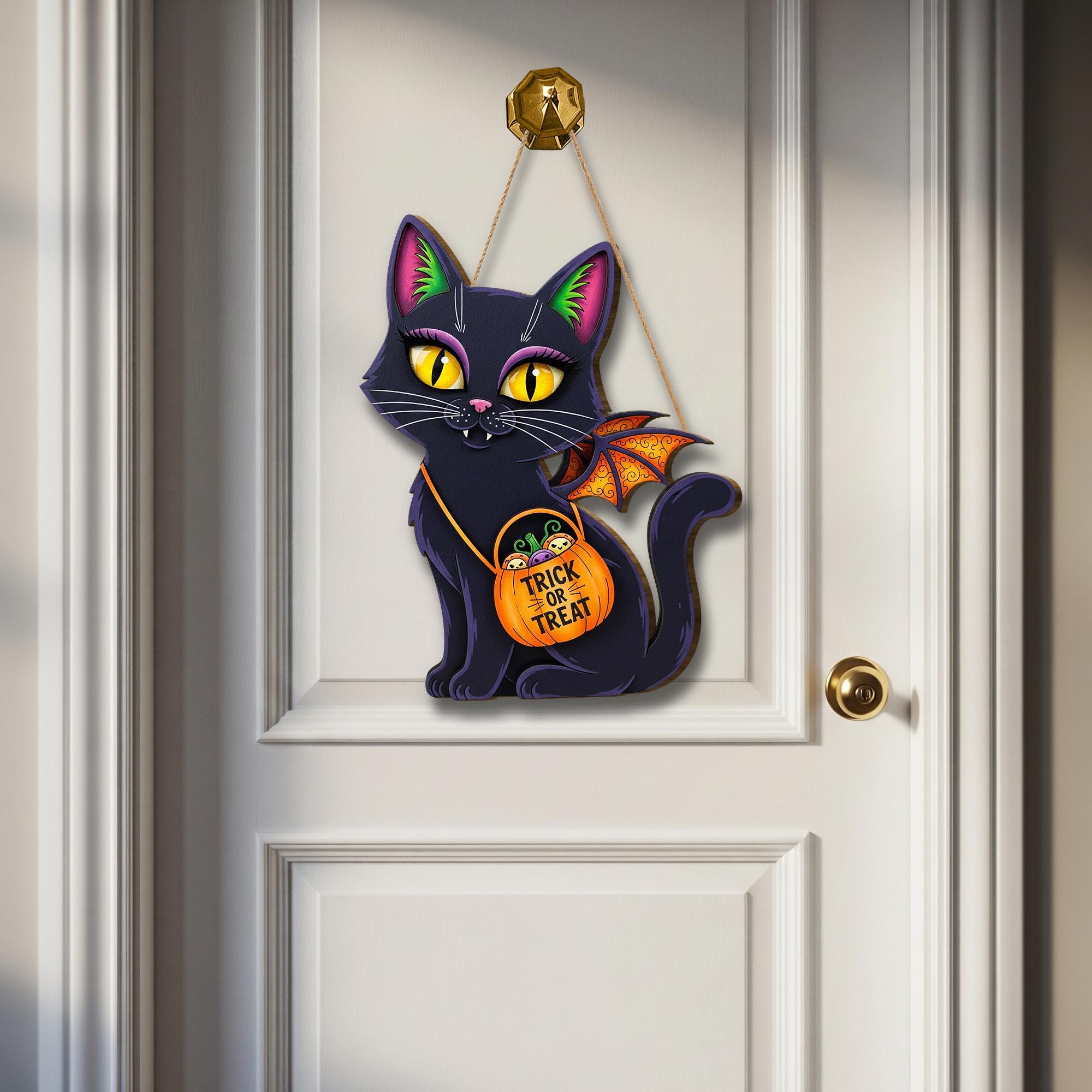 Halloween Black Cat Wooden Sign , Trick or Treat Sign, Spooky Cute Decor, Fall Home Decoration, Witchy Cat Welcome Sign