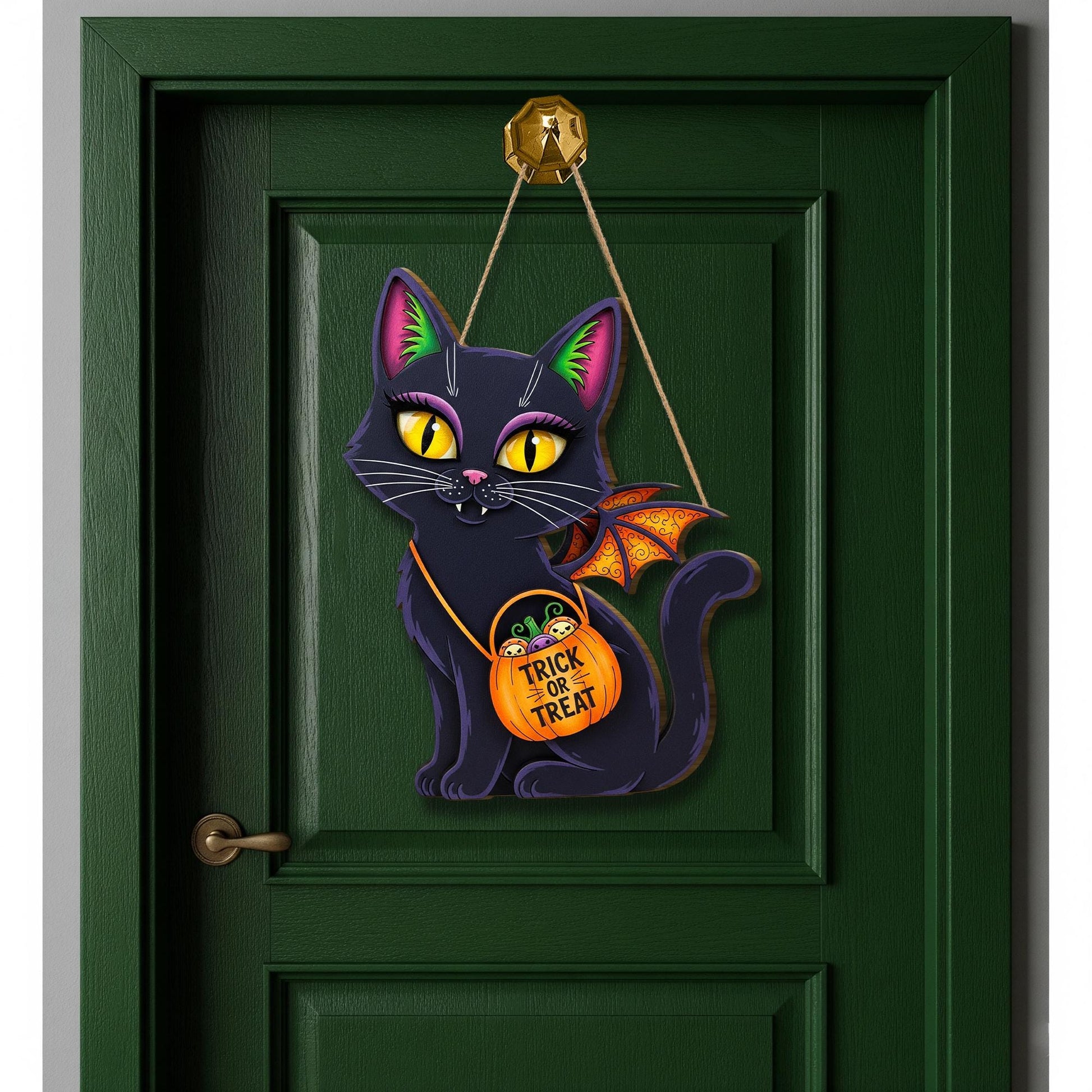 Halloween Black Cat Wooden Sign , Trick or Treat Sign, Spooky Cute Decor, Fall Home Decoration, Witchy Cat Welcome Sign