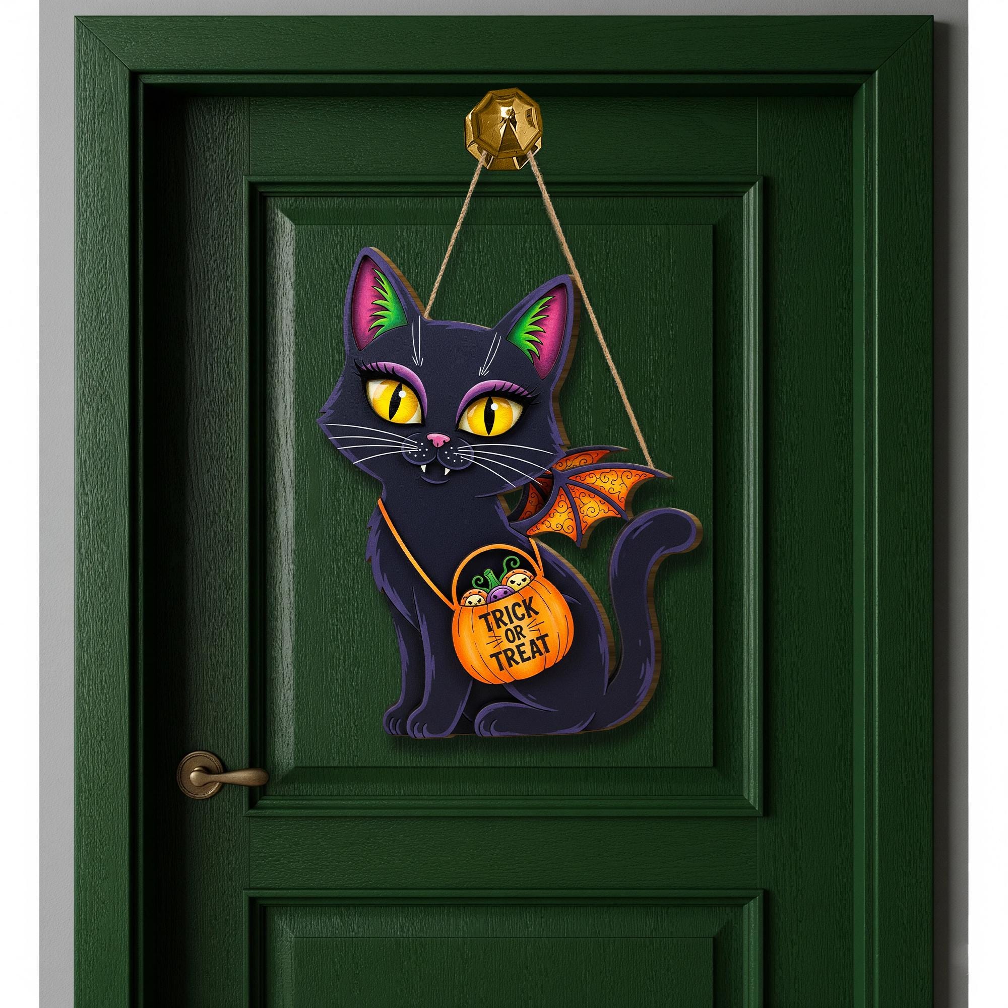 Halloween Black Cat Wooden Sign , Trick or Treat Sign, Spooky Cute Decor, Fall Home Decoration, Witchy Cat Welcome Sign