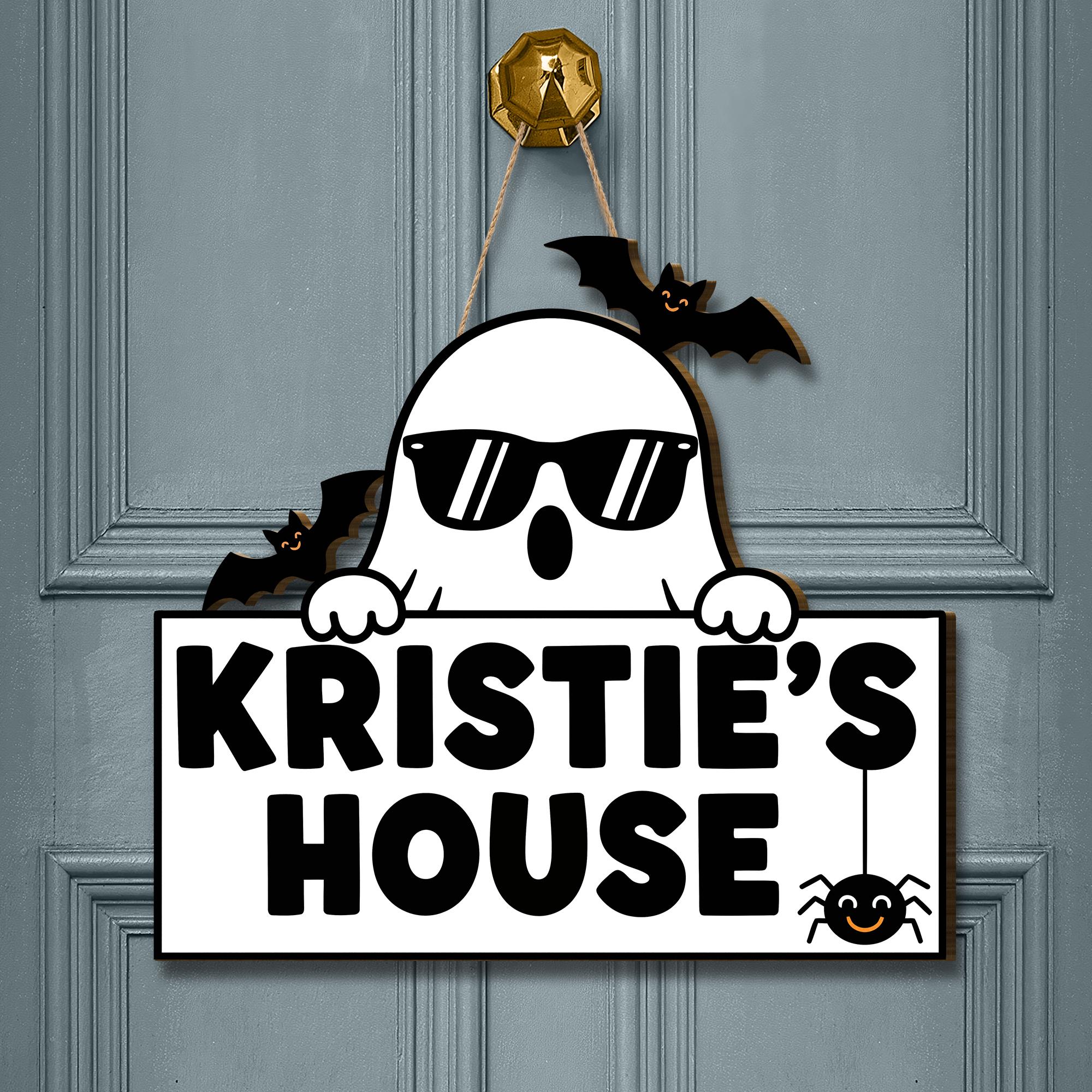Personalized Halloween Ghost Door Sign, Cute Custom Name Decor with Bats and Spider, Fall Porch or Kids Room Decoration, Spooky Home Decor