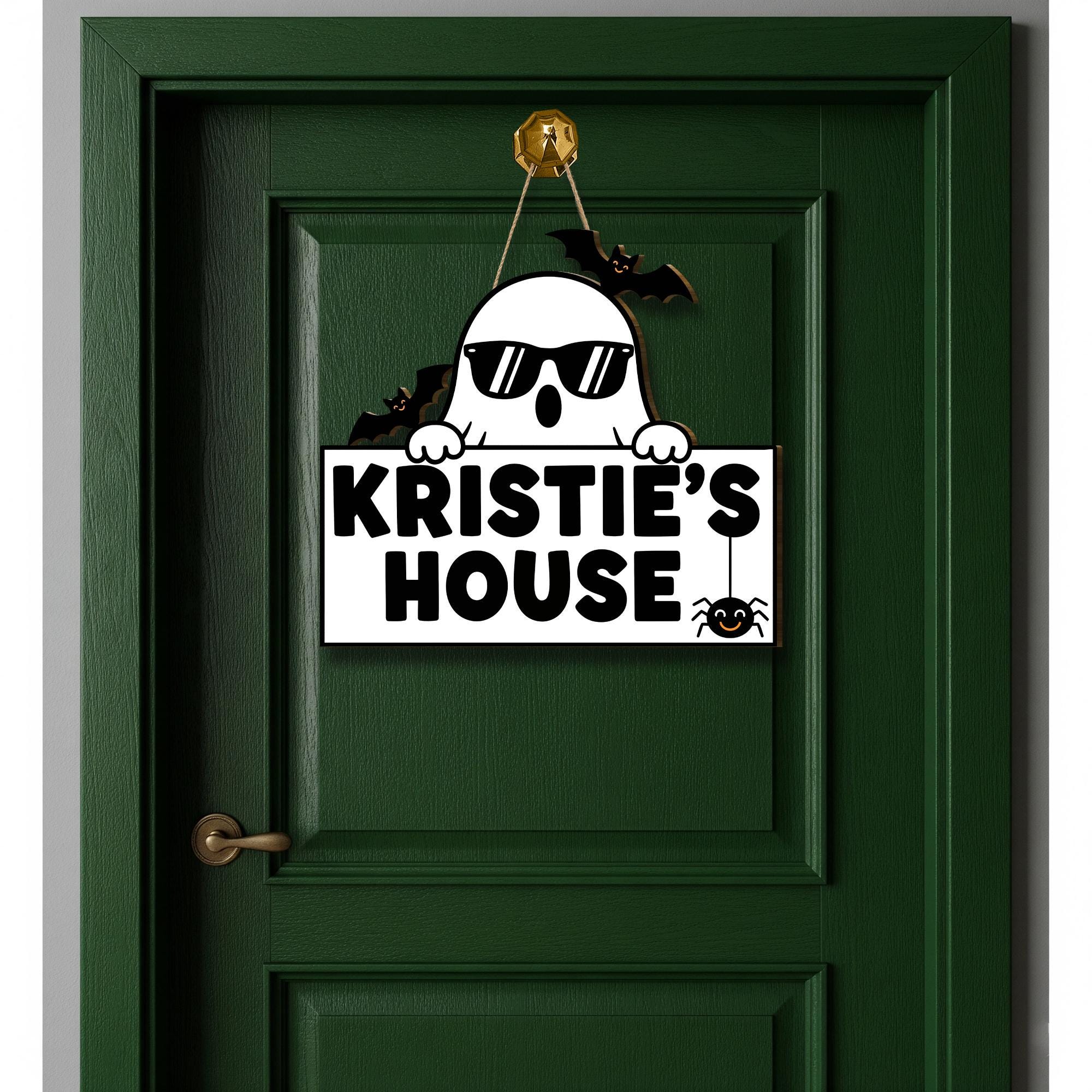 Personalized Halloween Ghost Door Sign, Cute Custom Name Decor with Bats and Spider, Fall Porch or Kids Room Decoration, Spooky Home Decor