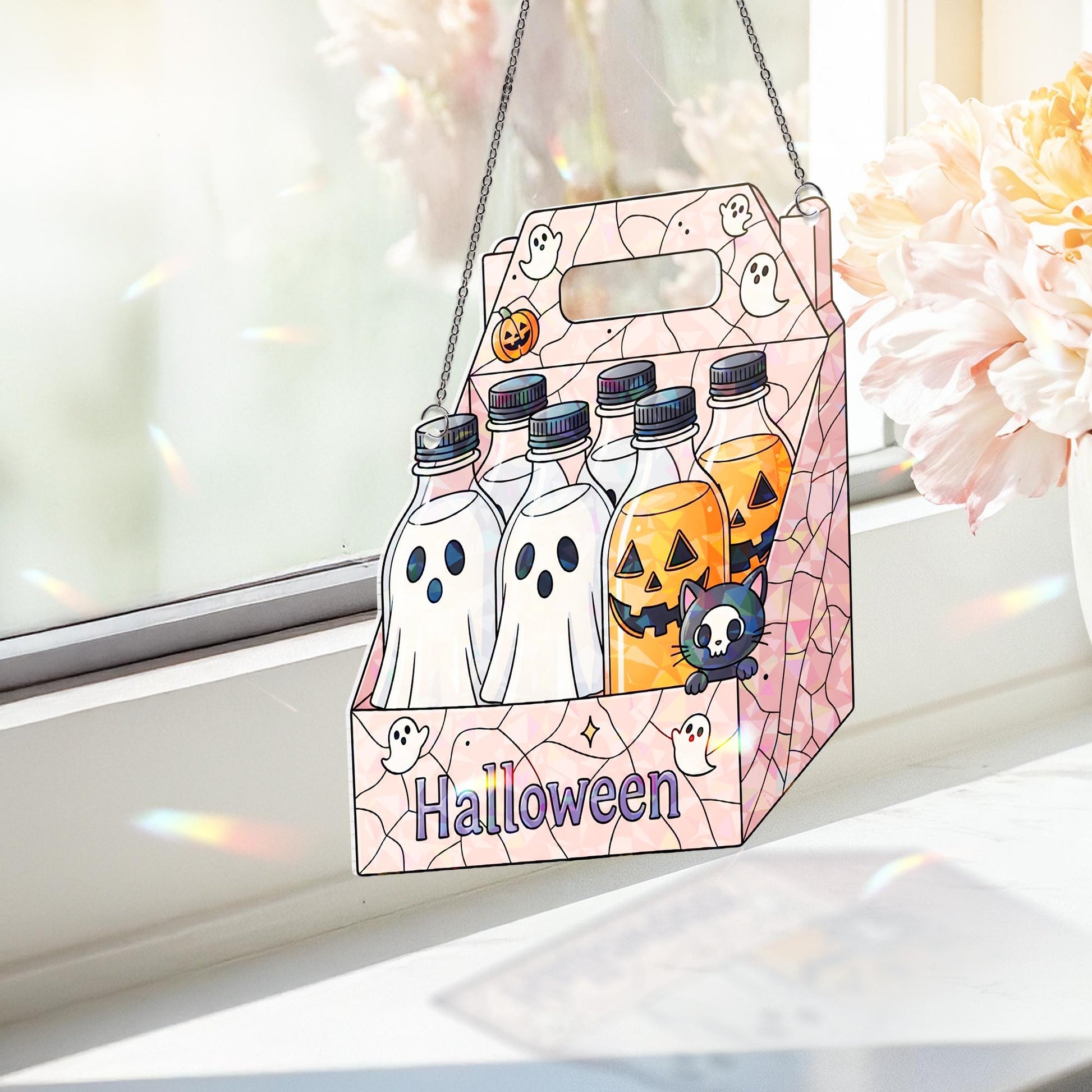 Halloween Drink Carrier Suncatcher, Spooky Ghost Pumpkin Bottle Decor, Trick or Treat Window Cling, Fall Home Decoration