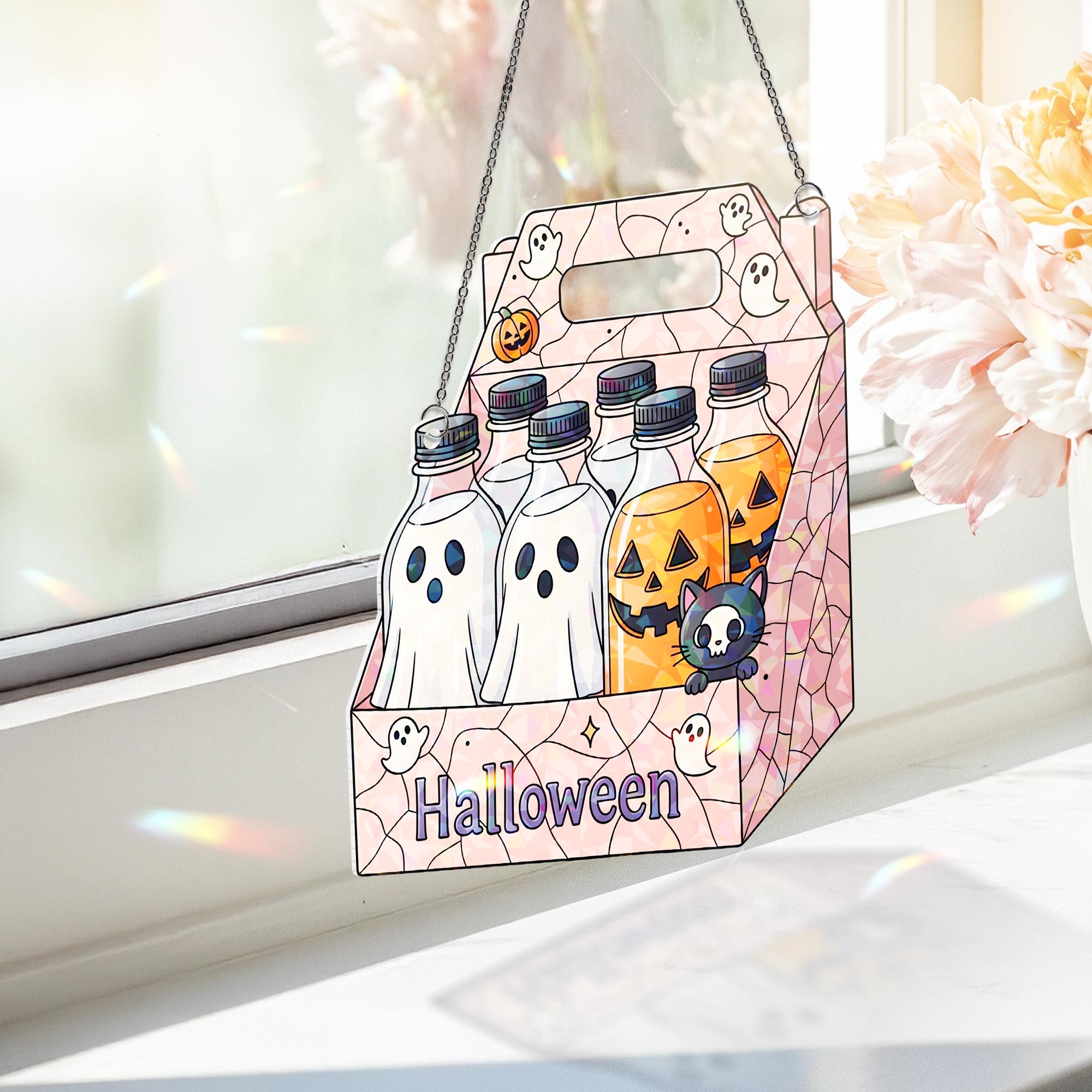 Halloween Drink Carrier Suncatcher, Spooky Ghost Pumpkin Bottle Decor, Trick or Treat Window Cling, Fall Home Decoration
