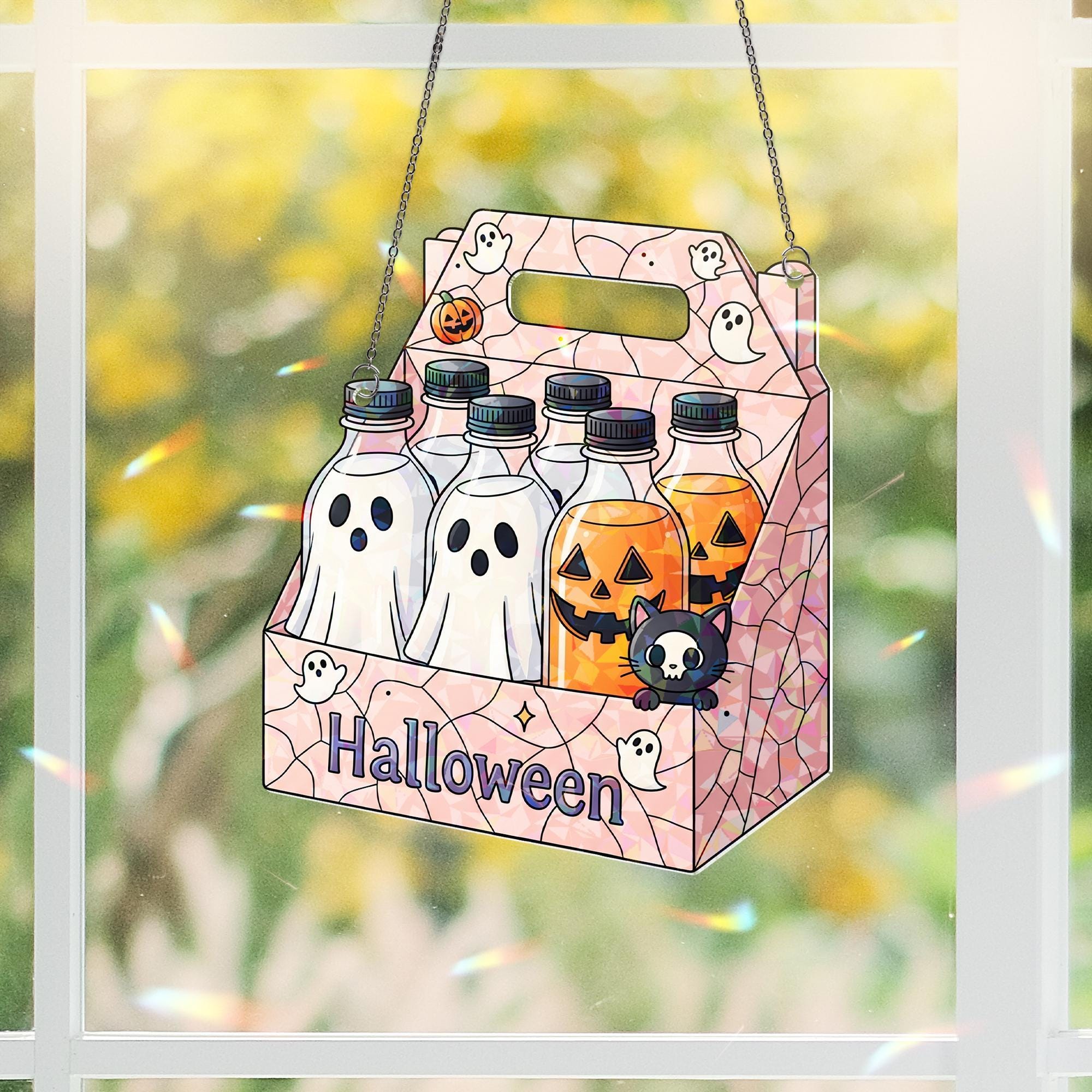 Halloween Drink Carrier Suncatcher, Spooky Ghost Pumpkin Bottle Decor, Trick or Treat Window Cling, Fall Home Decoration