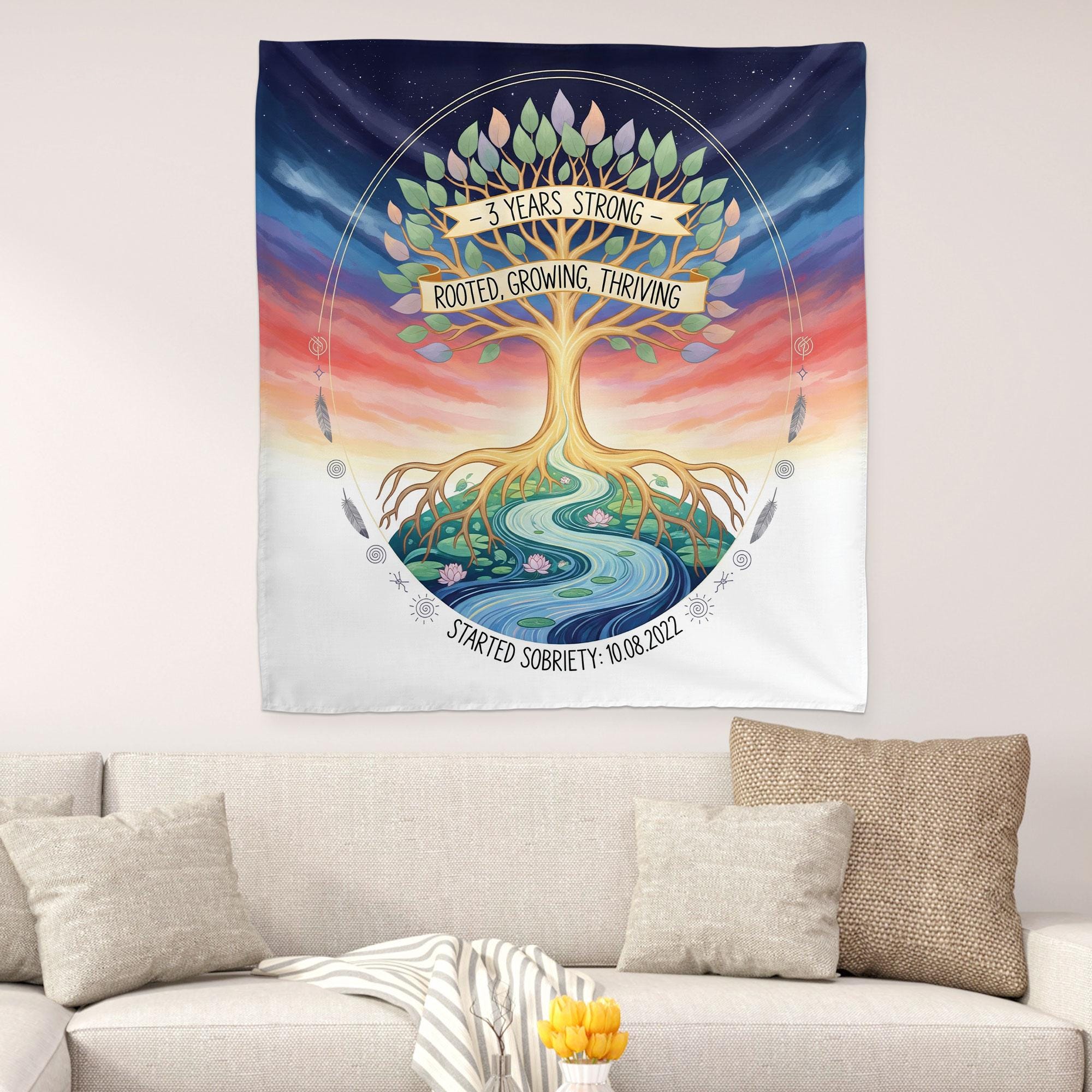 Personalized Sobriety Tapestry 3 Years | Custom Recovery Gift | Sober Anniversary Decor | Tree of Life Wall Art | Sober Birthday Milestone