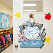 Personalized Teacher Door Sign with Floral Apple – Custom Classroom Decor with Name, Back to School Gift for Teachers, Chinoiserie Flowers